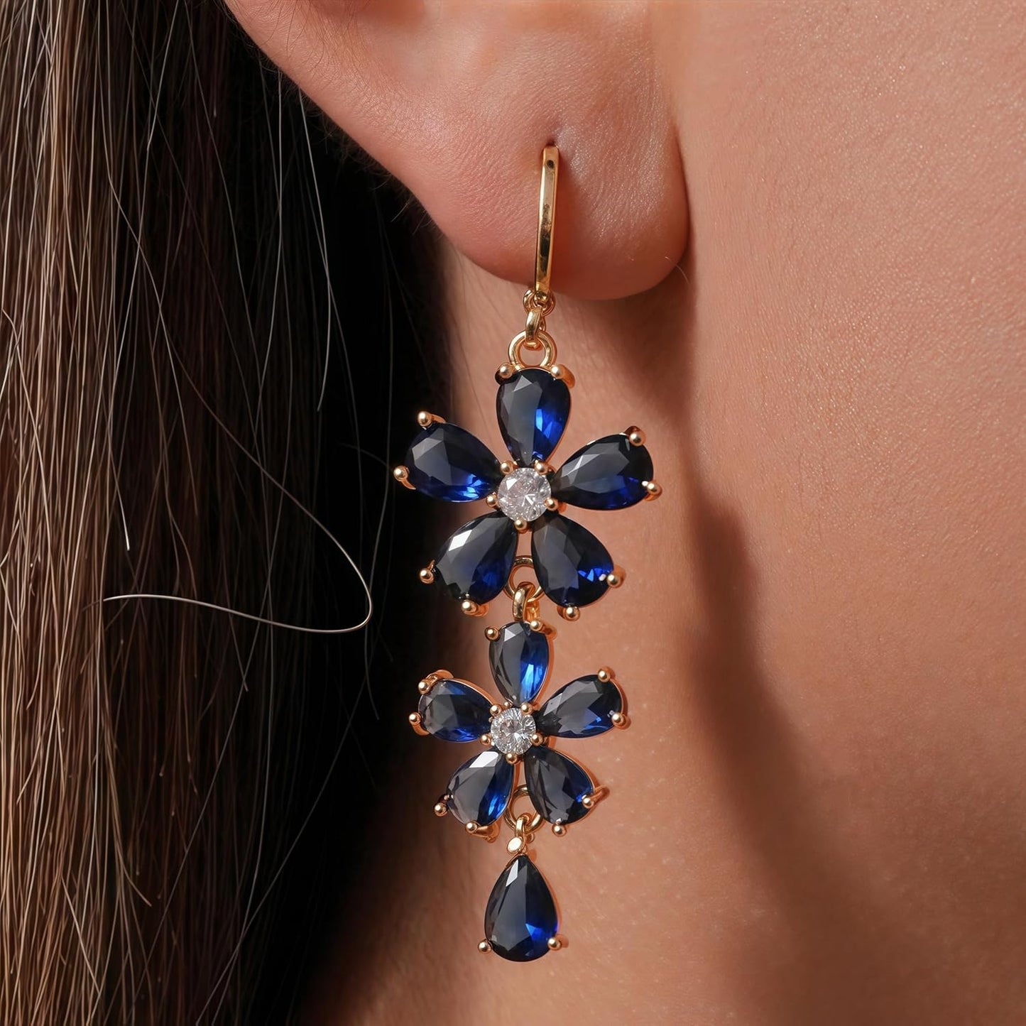 Vuskdtei18K Gold Plated Flower Dangle Earrings for Women, Hypoallergenic Cubic Zirconia Earrings, Elegant Chandelier Drop Earrings