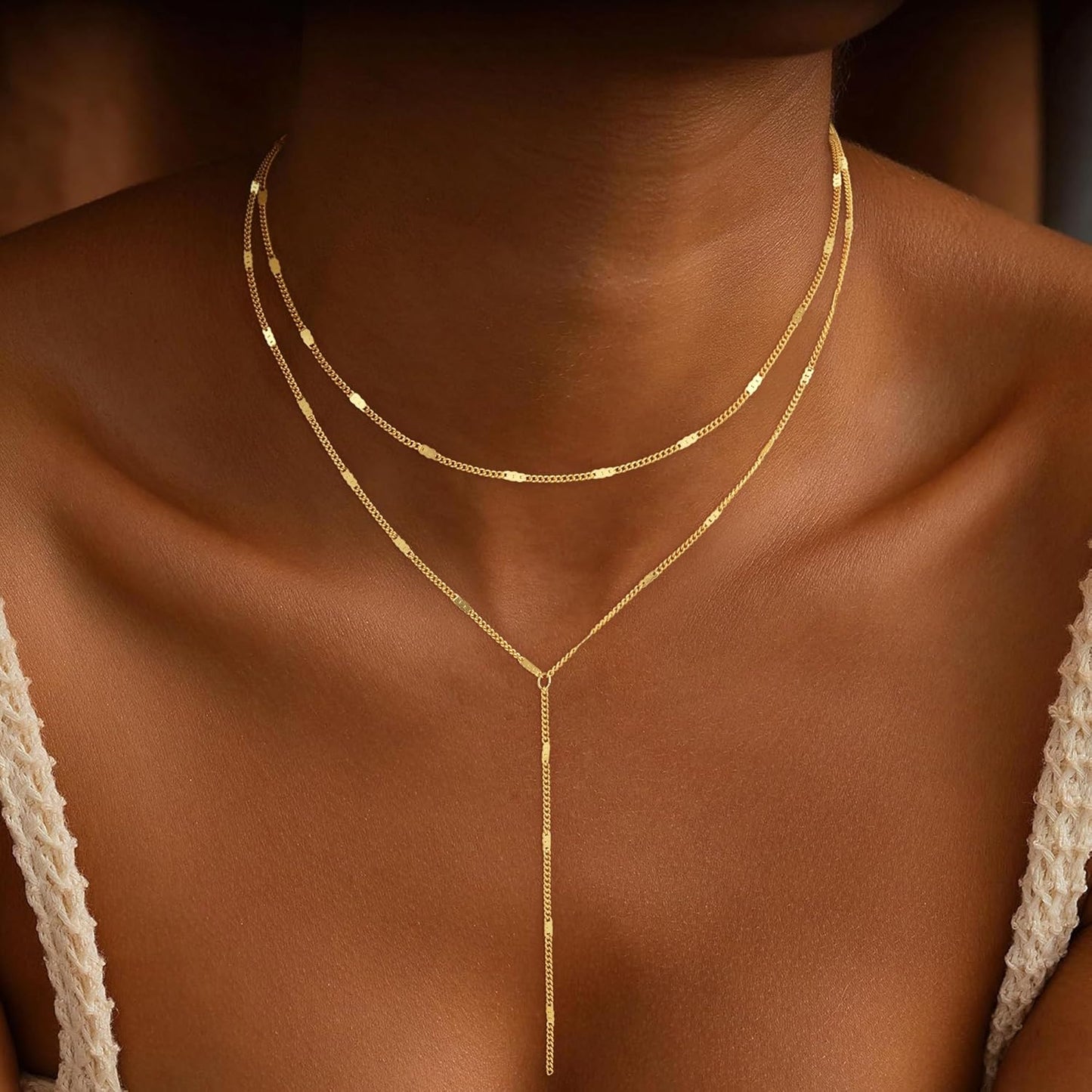 14K Gold Plated Lariat Necklace for Women - Y-Shaped Layered Bar & Beaded Chain