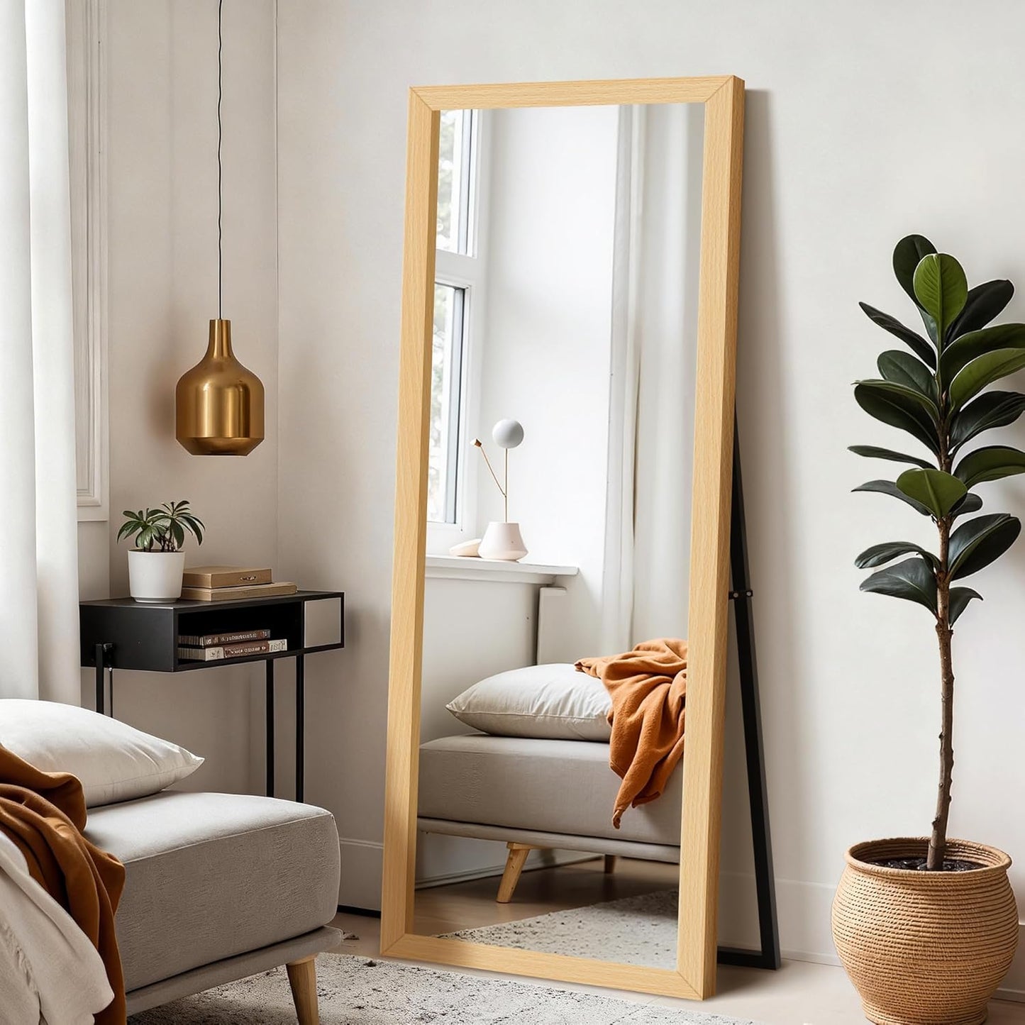 Wall Full Length Mirror, Standing Mirror Full Body, with Wooden Frame(with Stand,56x20)