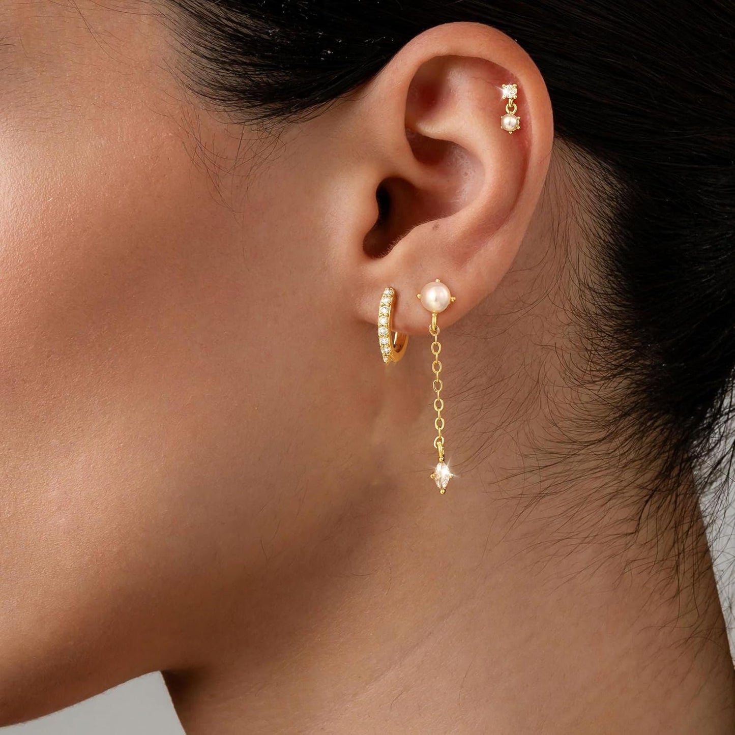 Pearl Dangle Hoop Earrings for Women - Dainty14K Gold Plated Small Drop Chain Hoops Trendy Earring Sets for