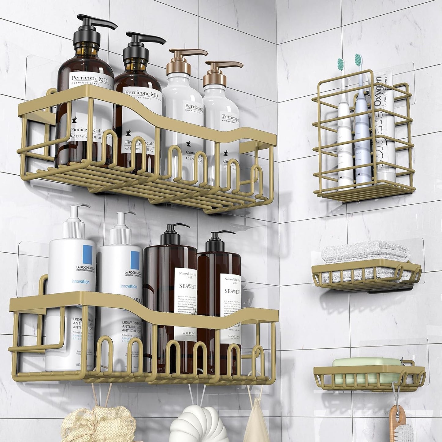 Adhesive Shower Caddy, 5 Pack Rustproof Stainless Steel Bath Organizers , No Drilling Shelves