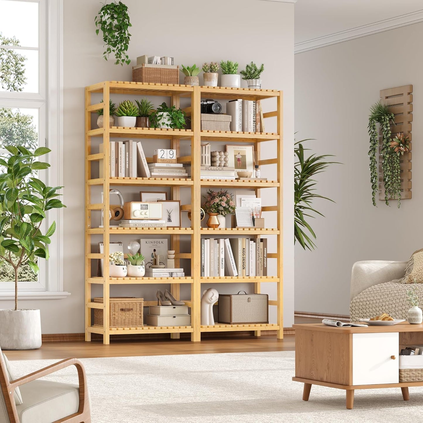 6-Tier Bamboo Shelf, Bamboo Bookcase with Adjustable Shelves, Free Standing Storage Shelf Unit