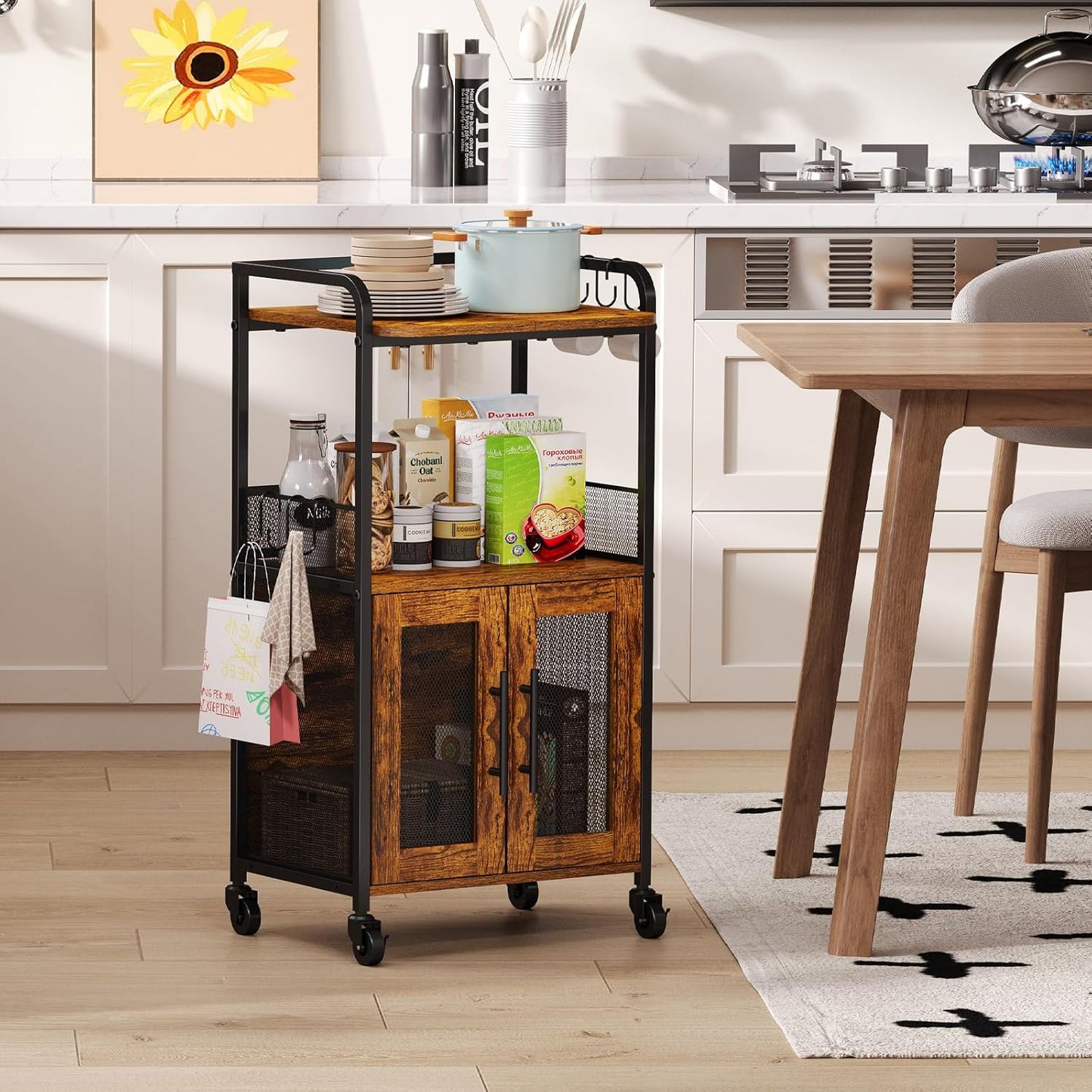 3-Tier Rolling Coffee Bar Table, Farmhouse Coffee Cart Station with 2 Doors for Living Room, Dining Room