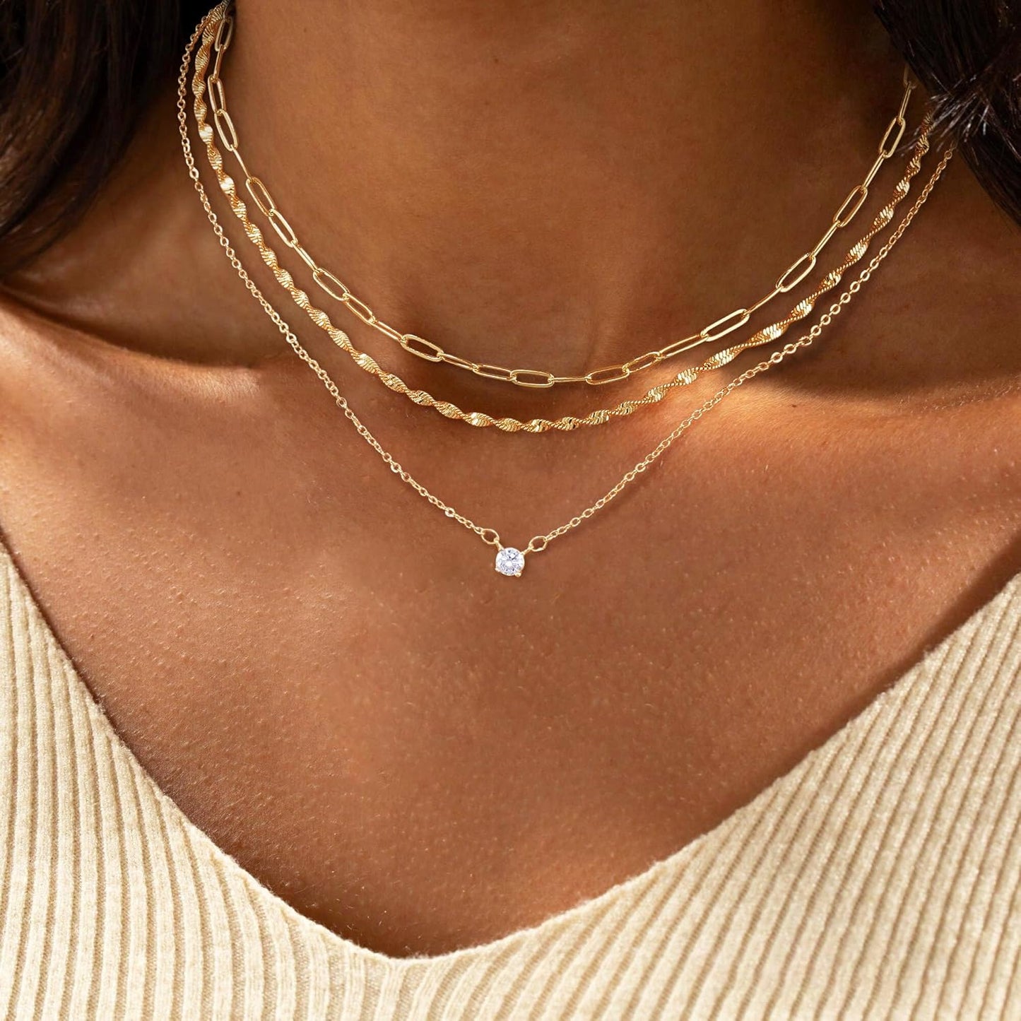 14K Gold/Silver Layered Necklace Set, Cross Pendant with Paperclip Rope Bead Box Dot Chains, Trendy German Minimalist Jewelry Gift
