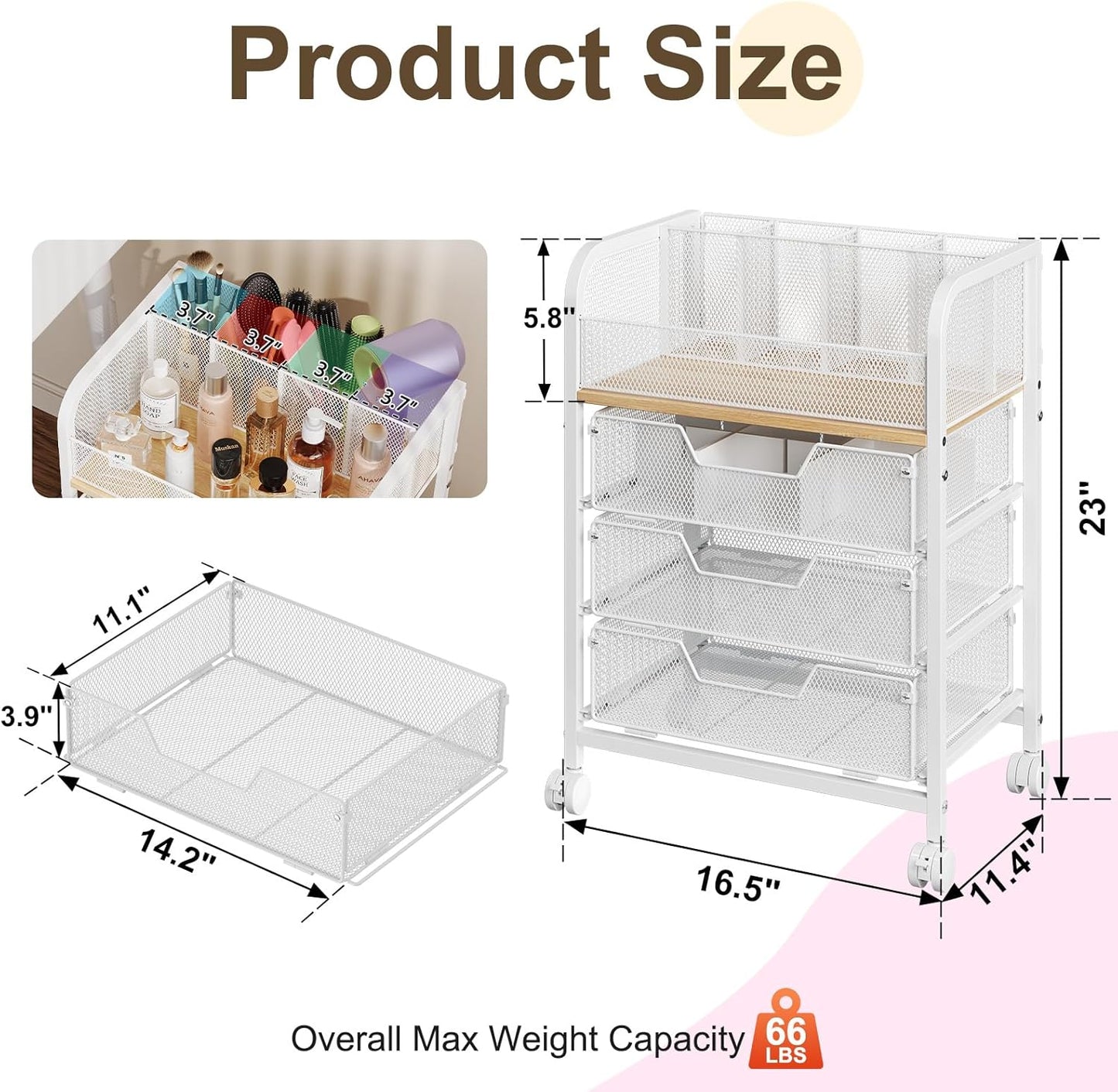 3 Drawers Makeup Cart Organizer with Divider, Under Desk Floor Skincare Organizers