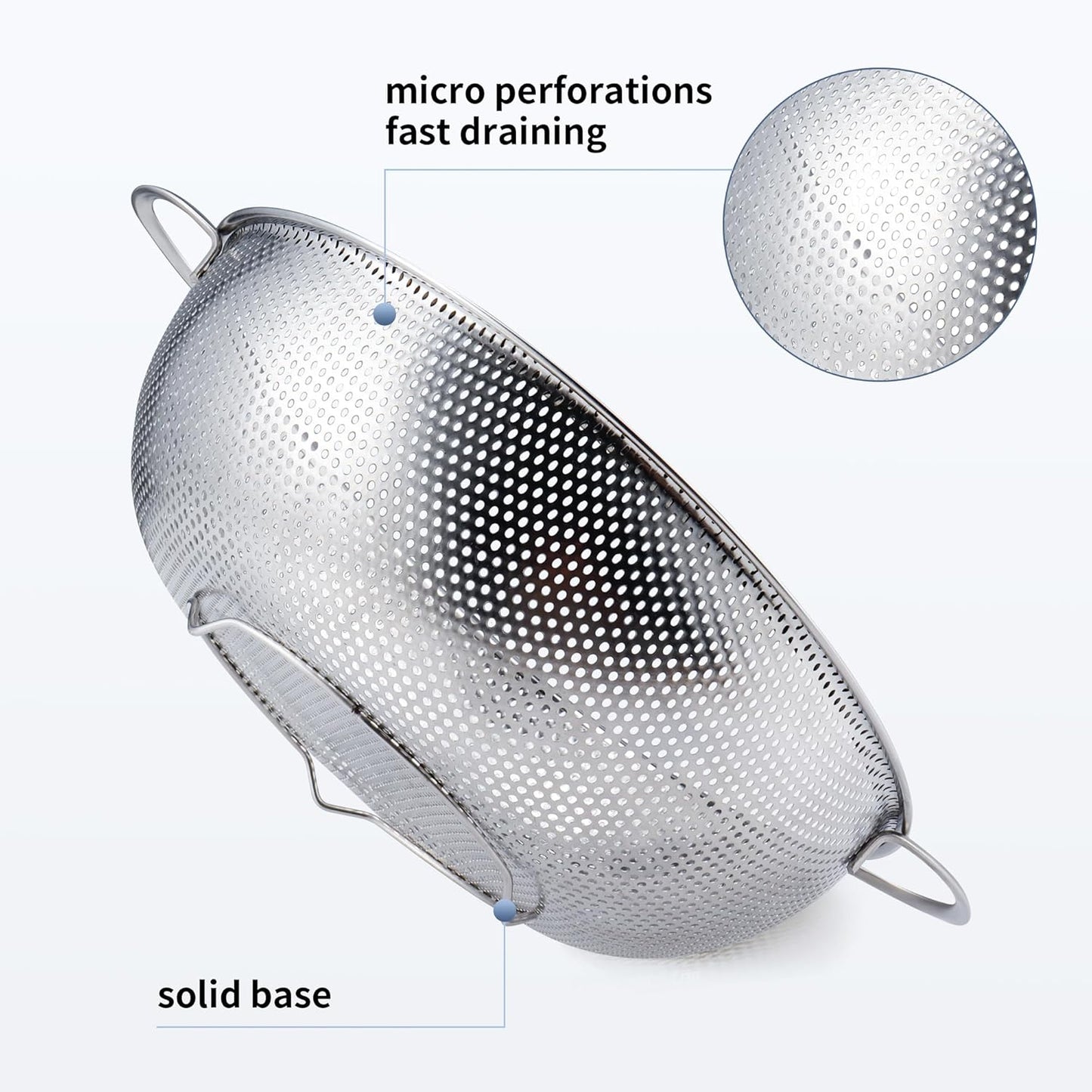 Colander Stainless Steel 3-Quart, Metal Strainer with Base, Strainer for Kitchen Food, Dishwasher Safe