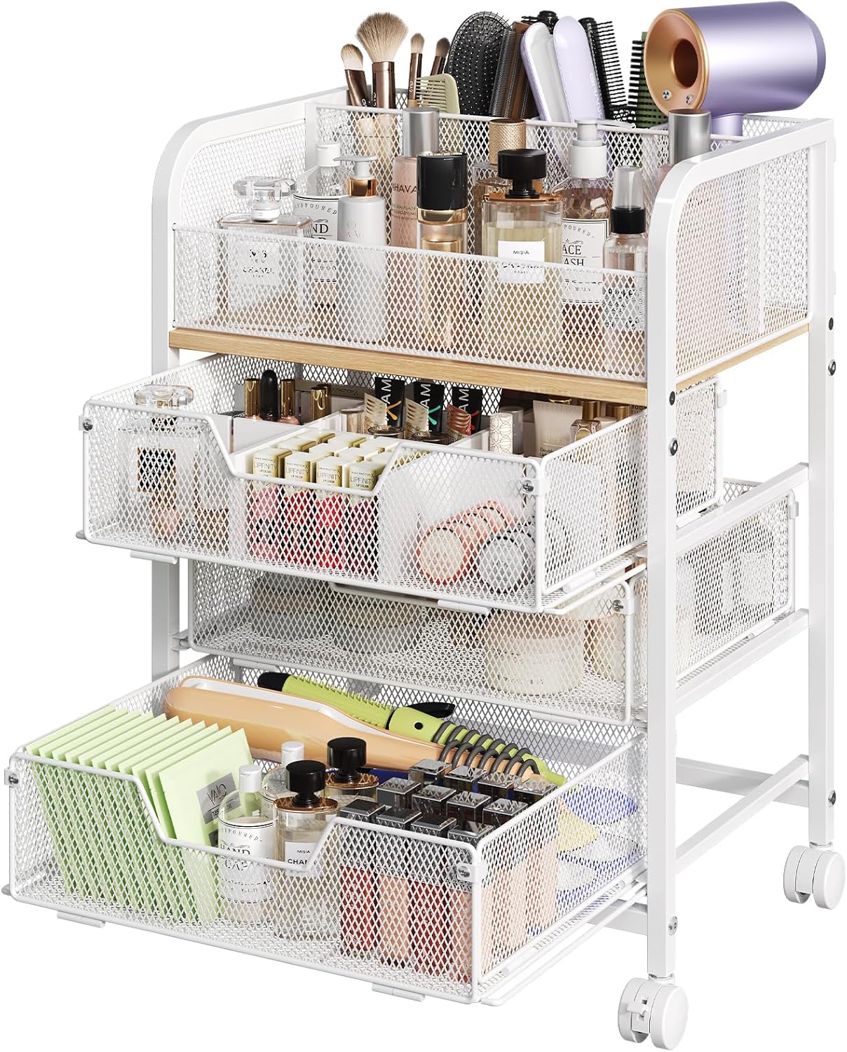3 Drawers Makeup Cart Organizer with Divider, Under Desk Floor Skincare Organizers