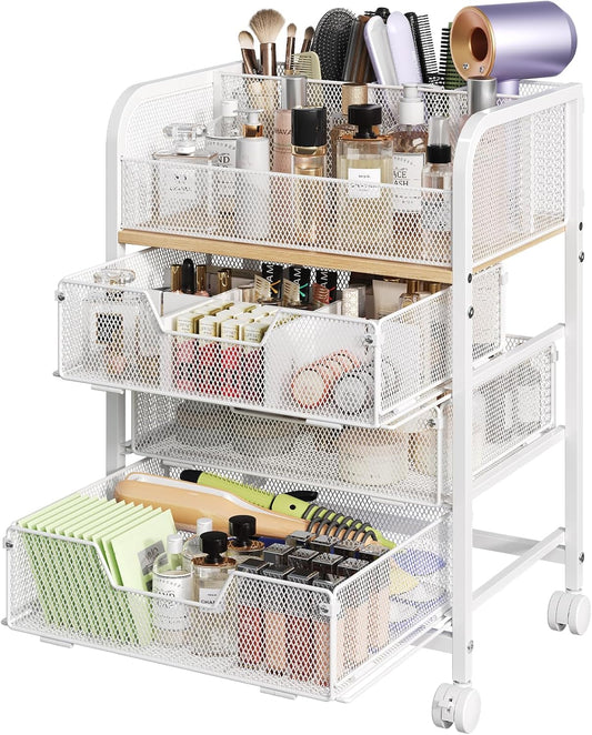 3 Drawers Makeup Cart Organizer with Divider, Under Desk Floor Skincare Organizers