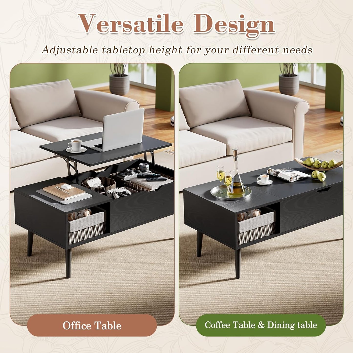 Coffee Table -Wood Lift Top with Hidden Compartment and Large Storage Shelf, Lift Tabletop Dining Center Table