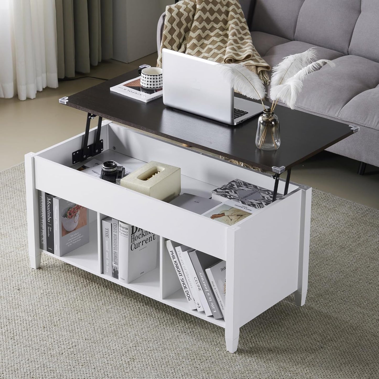 Farmhouse Lift Top Coffee Table, Rustic Grey with Storage Shelf/Hidden Compartment