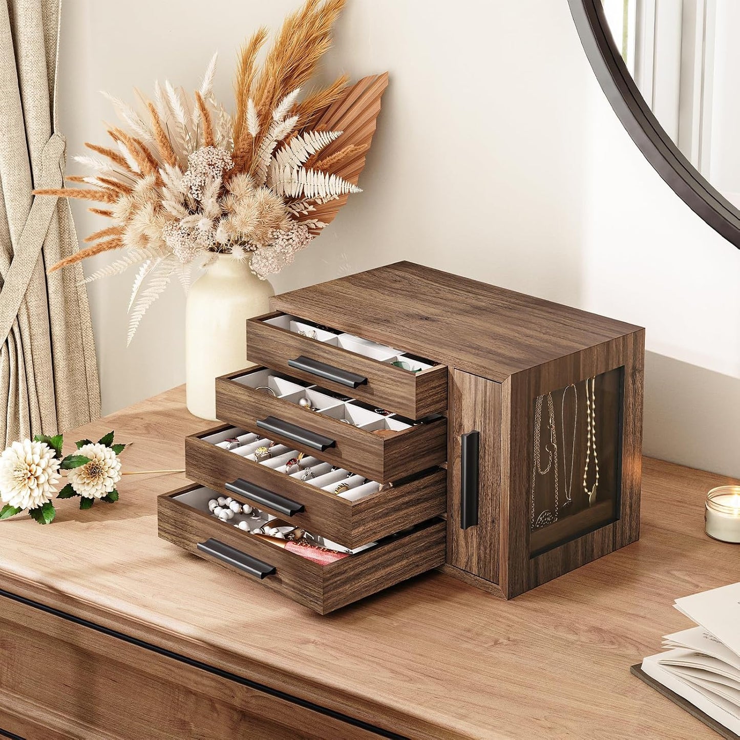 4-Layer Jewelry Organizer Box, Wooden Jewelry Organizer with Transparent Window