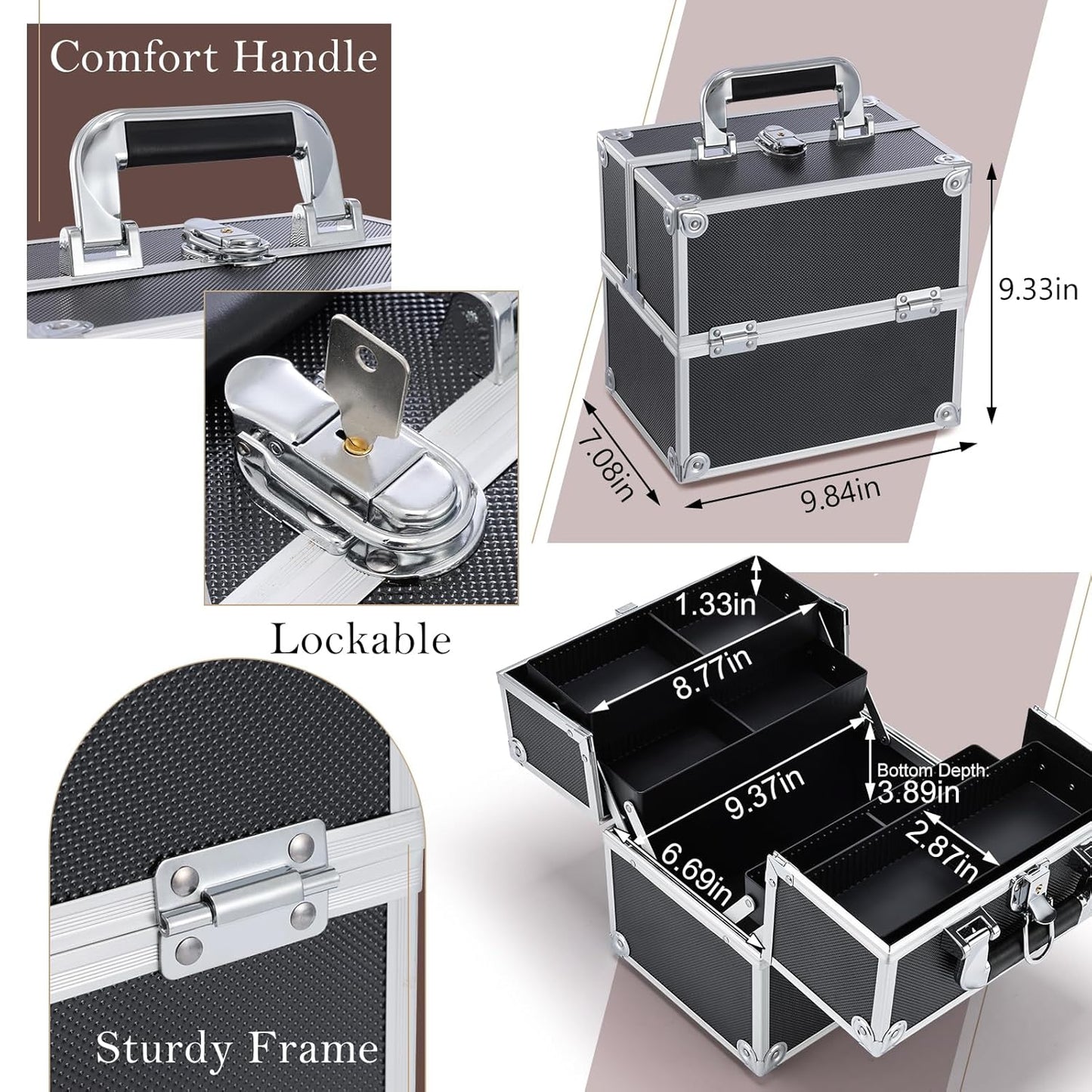 Makeup Case  Professional Makeup Storage Box 4 Trays with Divider Lockable Travel Case Portable