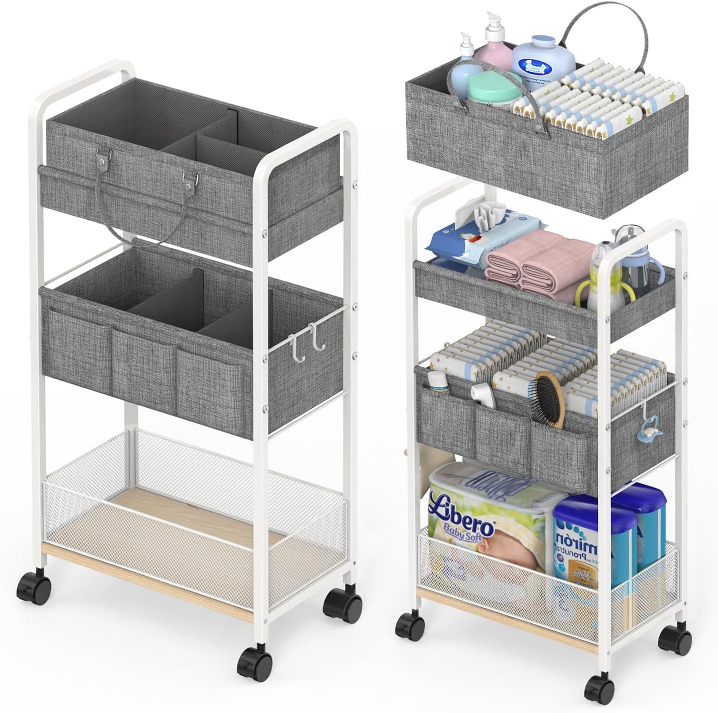2In1  Diaper Caddy & 3-Tier Rolling Diaper Cart, Diaper Caddy Organizer Cart with Dividers,Utility Cart