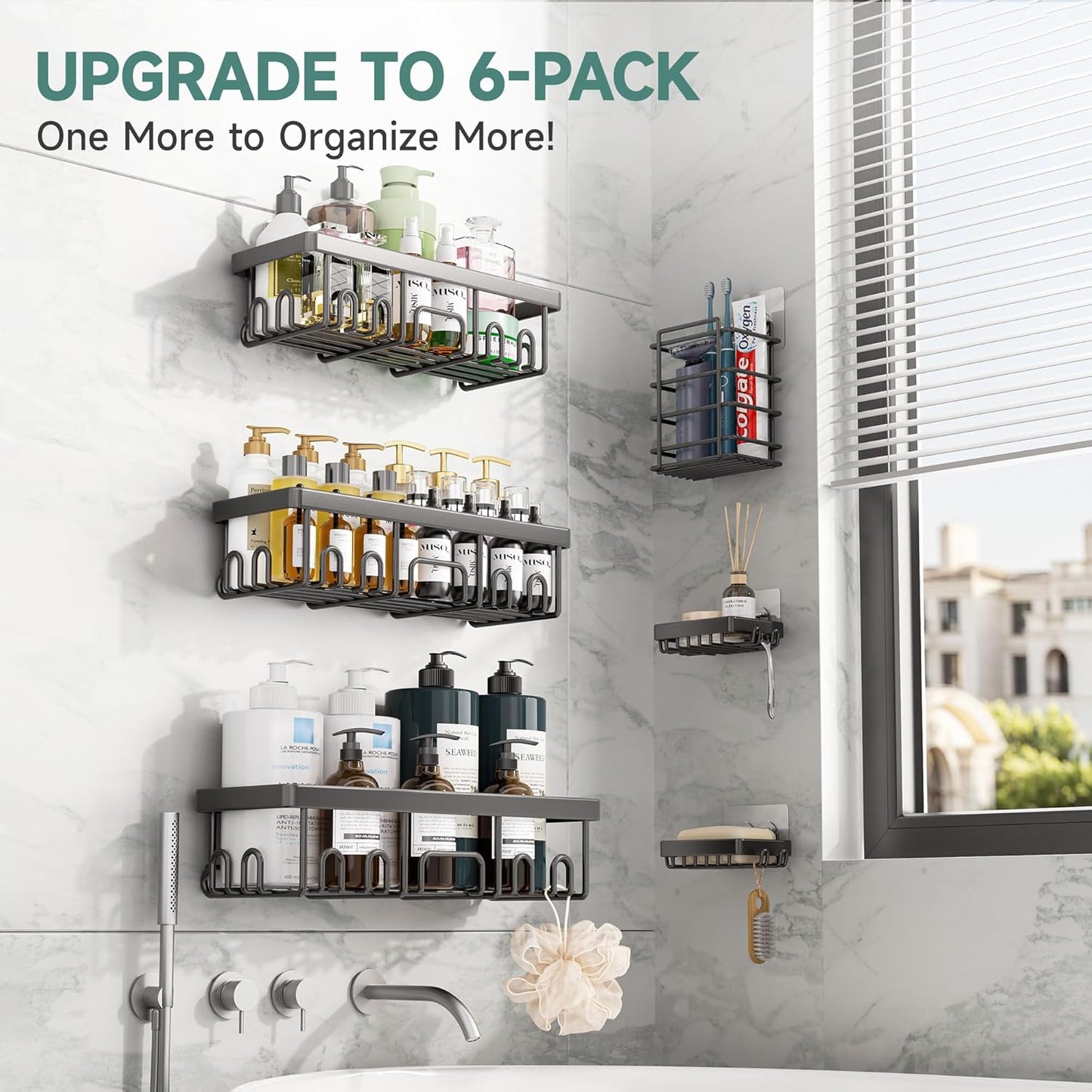 Shower Caddy 6-Pack, No Drilling Adhesive Shelves, Rack with Soap Holder,  Organizers and Storage