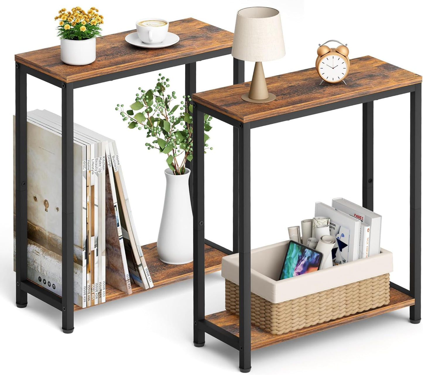 Narrow End Tables Living Room Set of 2 Small Side Table for Small Space, 2 Tier Slim Skinny Night Stand