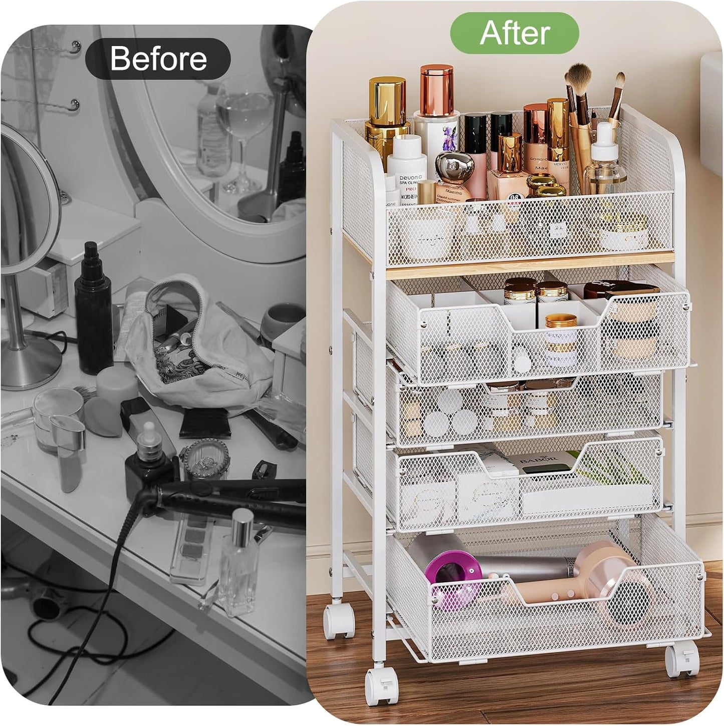 Makeup Cart Organizer with 4 Drawers, Large Floor Skincare Organizers, Vanity Storage