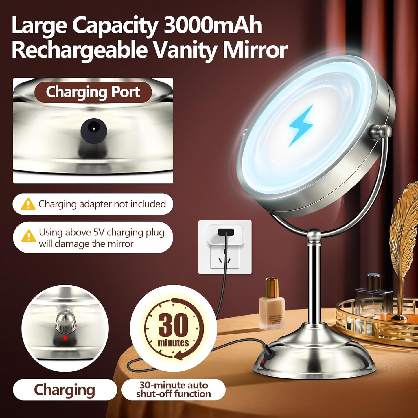 20x Large Lighted Makeup Mirror, Rechargeable 9" Magnifying Makeup Mirror,360° Rotation Cosmetic Mirror