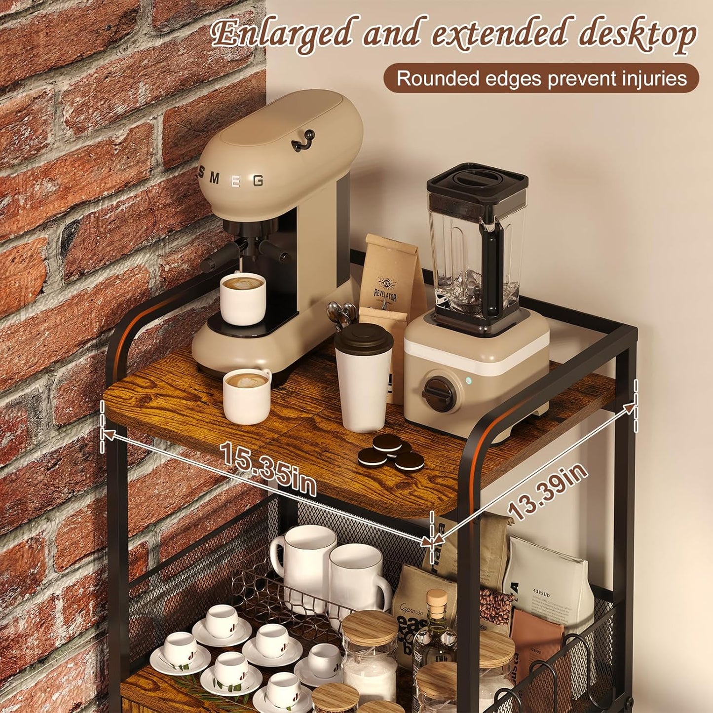 3-Tier Rolling Coffee Bar Table, Farmhouse Coffee Cart Station with 2 Doors for Living Room, Dining Room