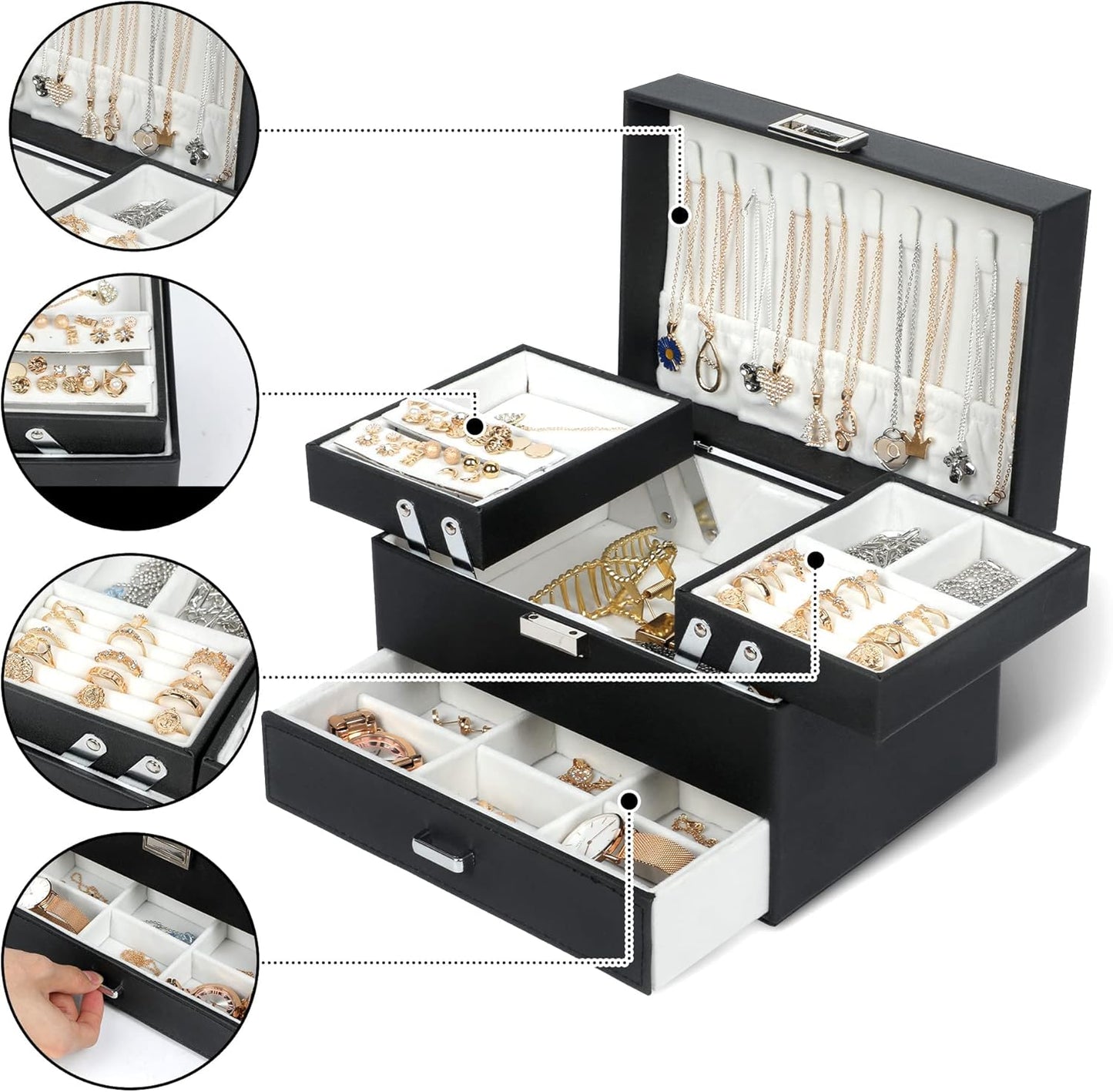 Jewelry Boxes for Women Girls, 3 Layers Jewelry Storage Organizer for Earring, Ring, Necklace, Bracelets