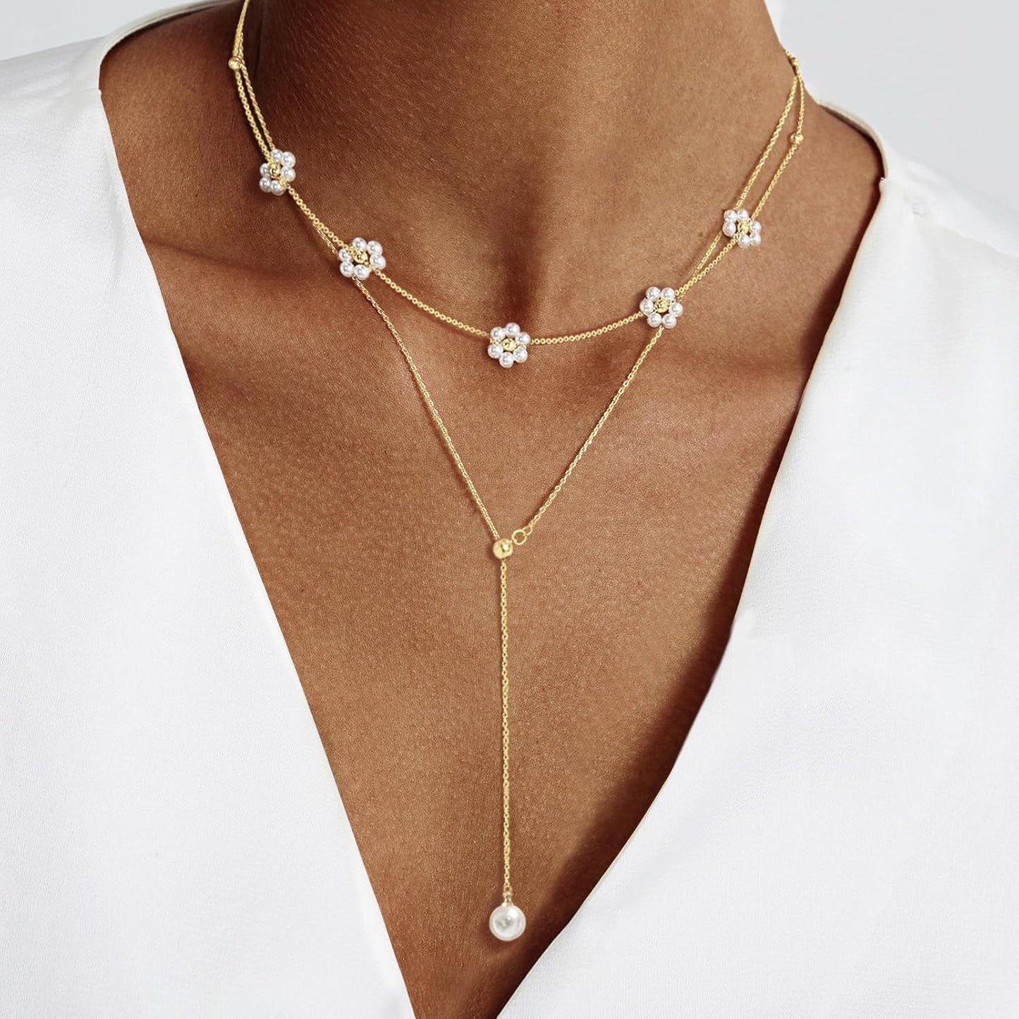 14K Gold-Plated Pearl Necklace Set: Dainty Layered Daisy Choker, Trendy Jewelry Gift for Women