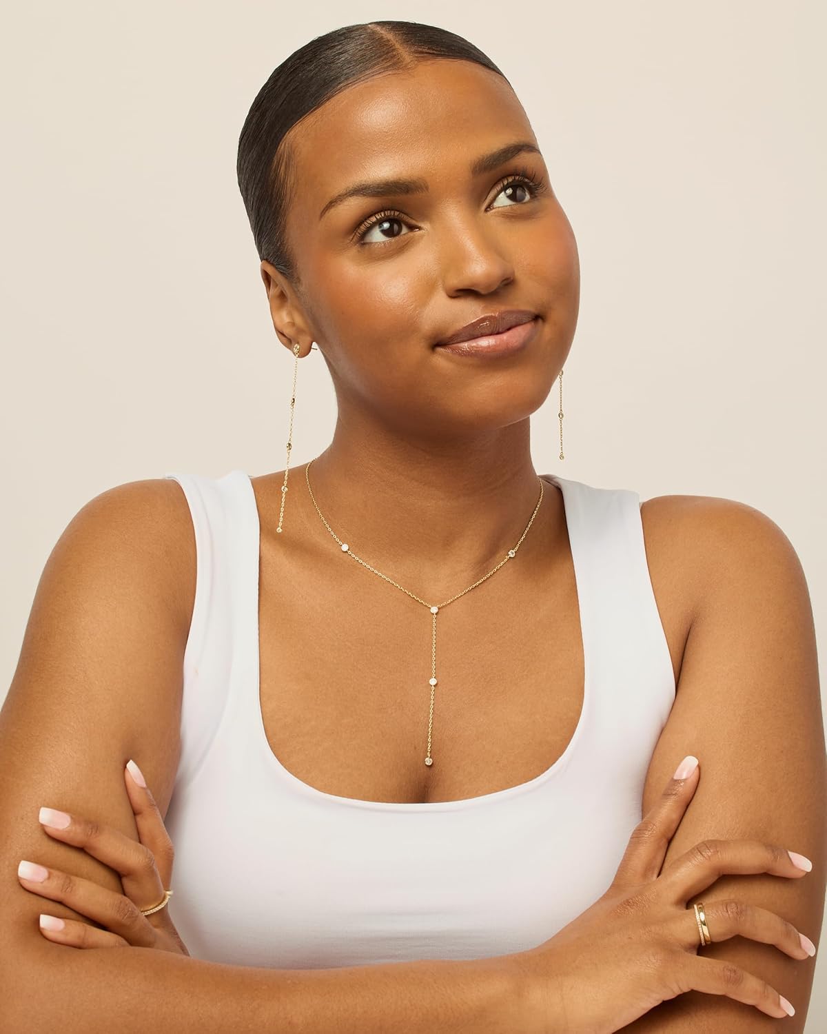 14K Gold Long Lariat Necklace - Cubic Zirconia Drop Pendant Y-Necklace