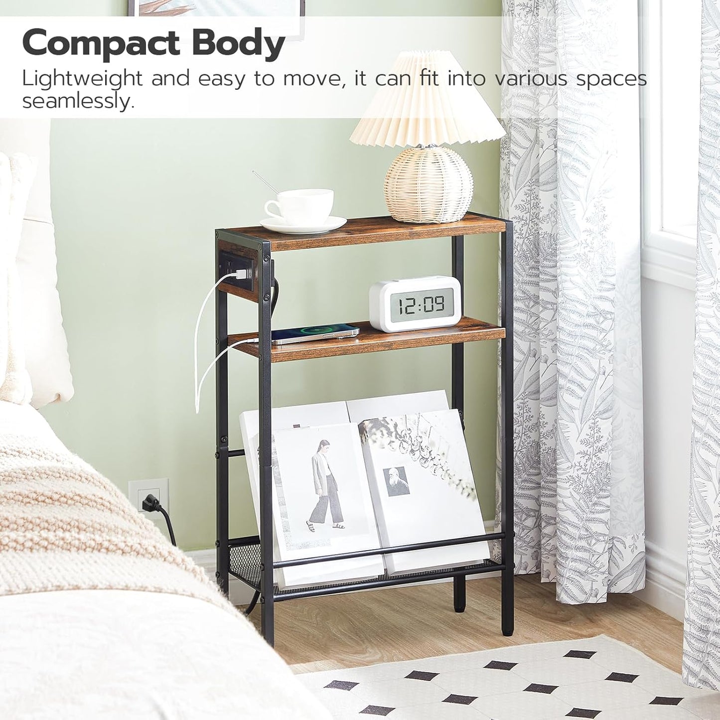 Small Narrow Side Table with Charging Station, Slim Nightstand with USB Ports Outlet