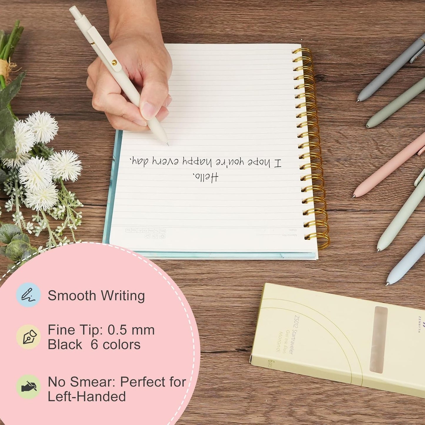 OMOMMD Gel Pens, 6 Pcs 0.5mm Quick Dry Black Ink Pens Fine Point Smooth Writing Pens, Cute Office School Supplies Gifts for Women