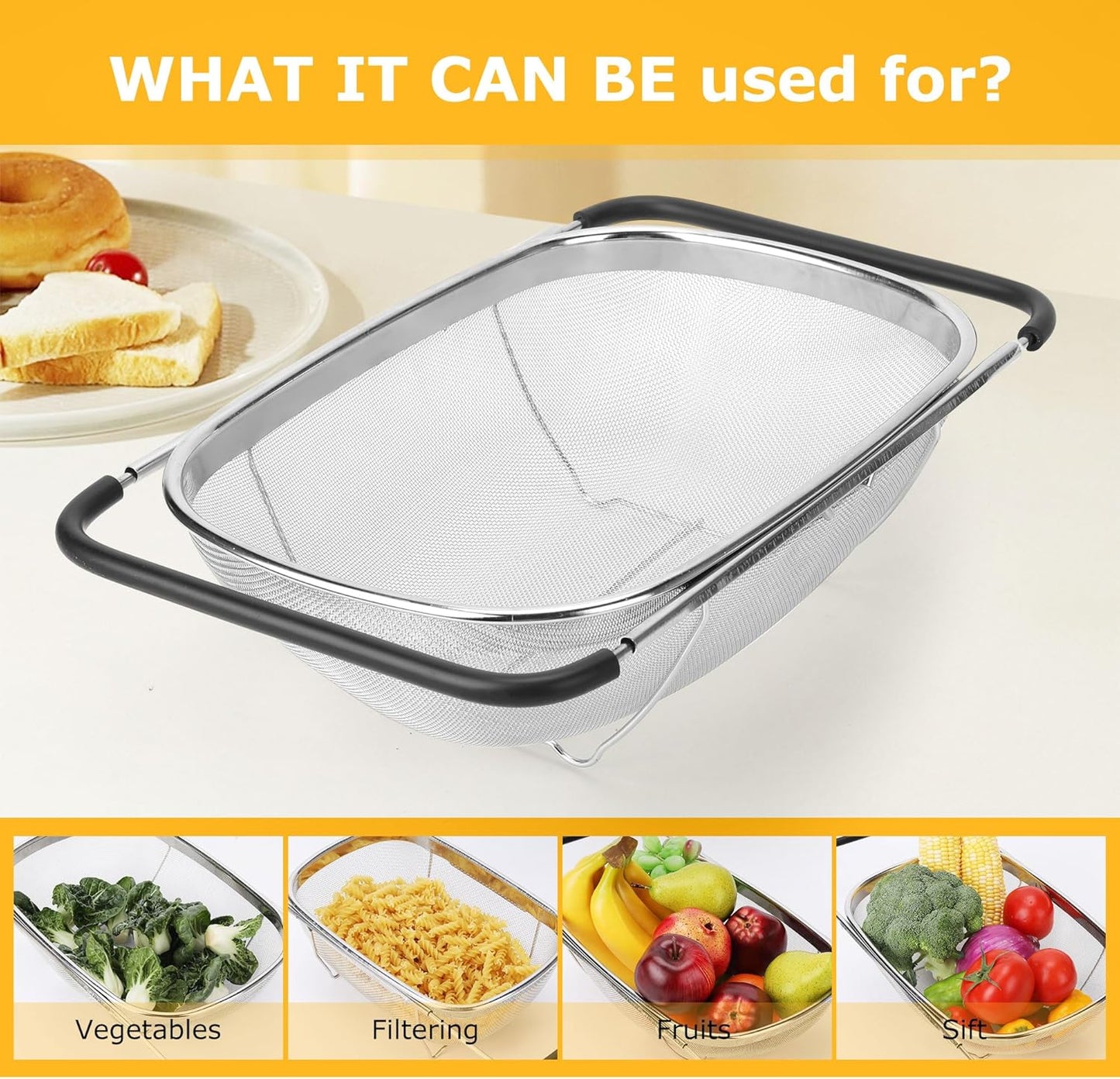 Kitchen Accessories Over the Sink Colander Strainer Basket，Stainless Steel Colander with Expandable Rubber Grip Sink Drainer