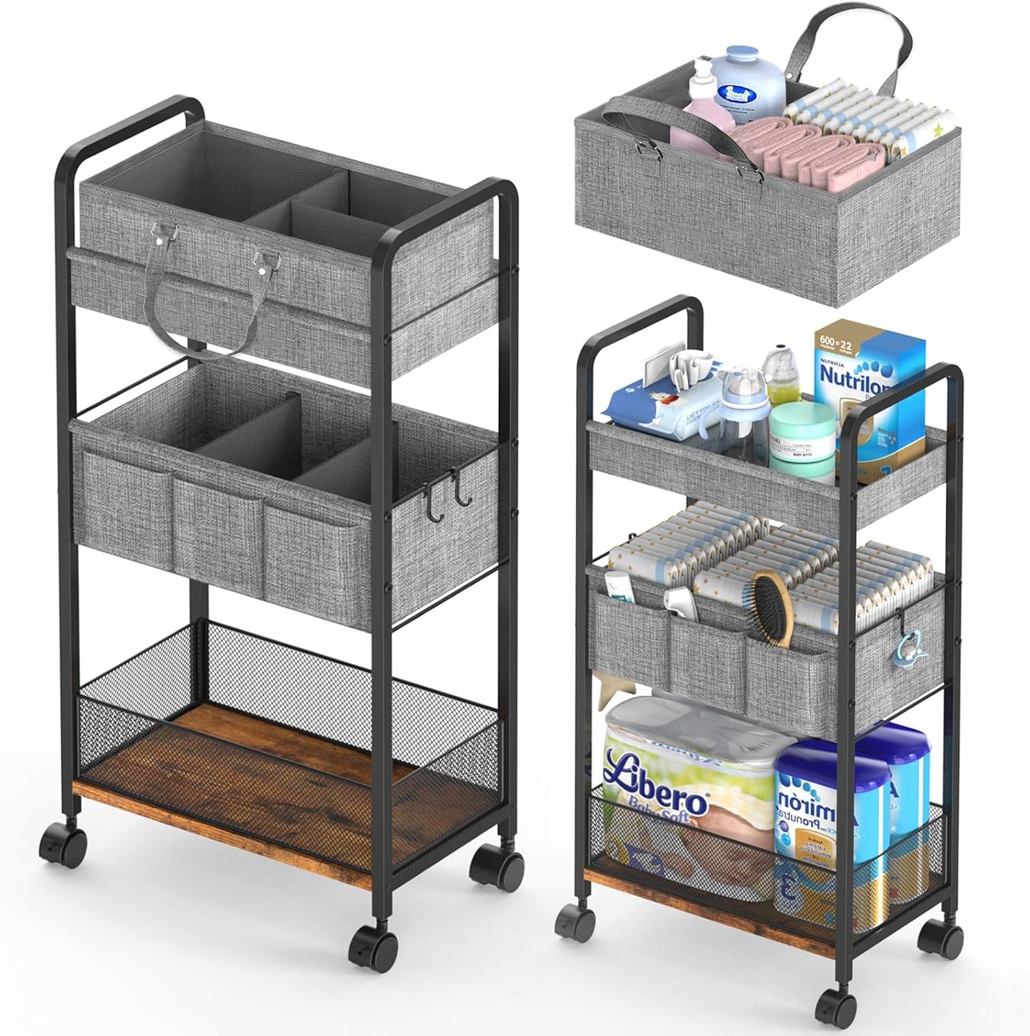 2In1  Diaper Caddy & 3-Tier Rolling Diaper Cart, Diaper Caddy Organizer Cart with Dividers,Utility Cart