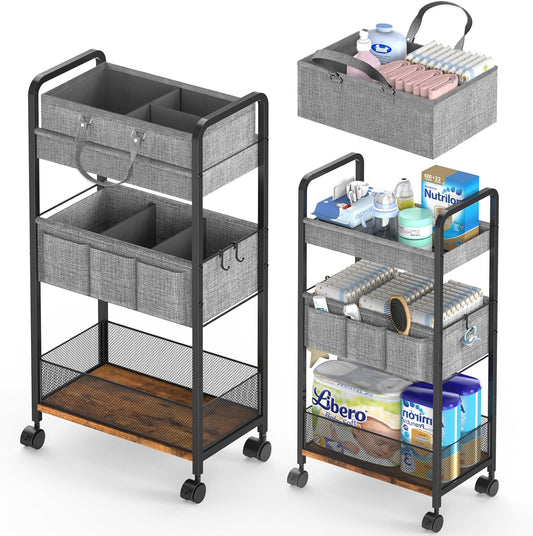 2In1  Diaper Caddy & 3-Tier Rolling Diaper Cart, Diaper Caddy Organizer Cart with Dividers,Utility Cart