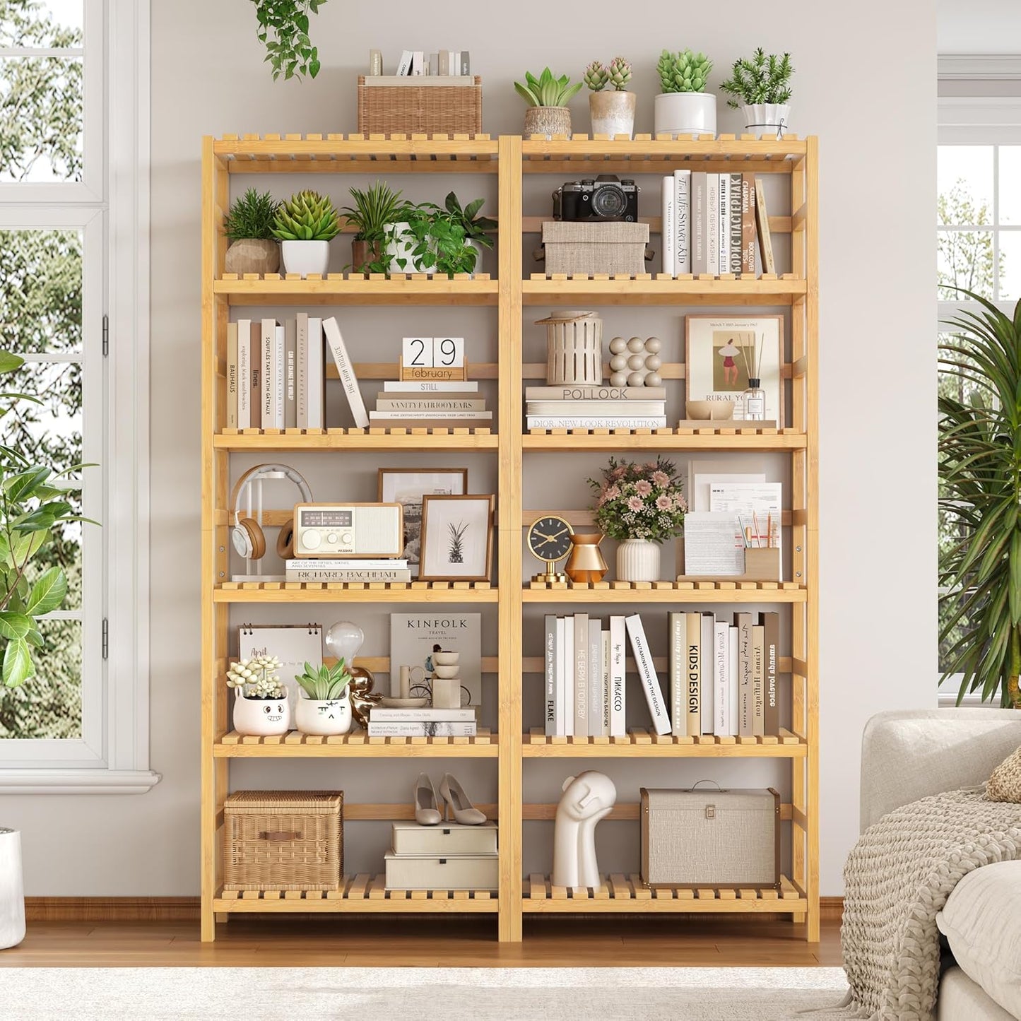 6-Tier Bamboo Shelf, Bamboo Bookcase with Adjustable Shelves, Free Standing Storage Shelf Unit