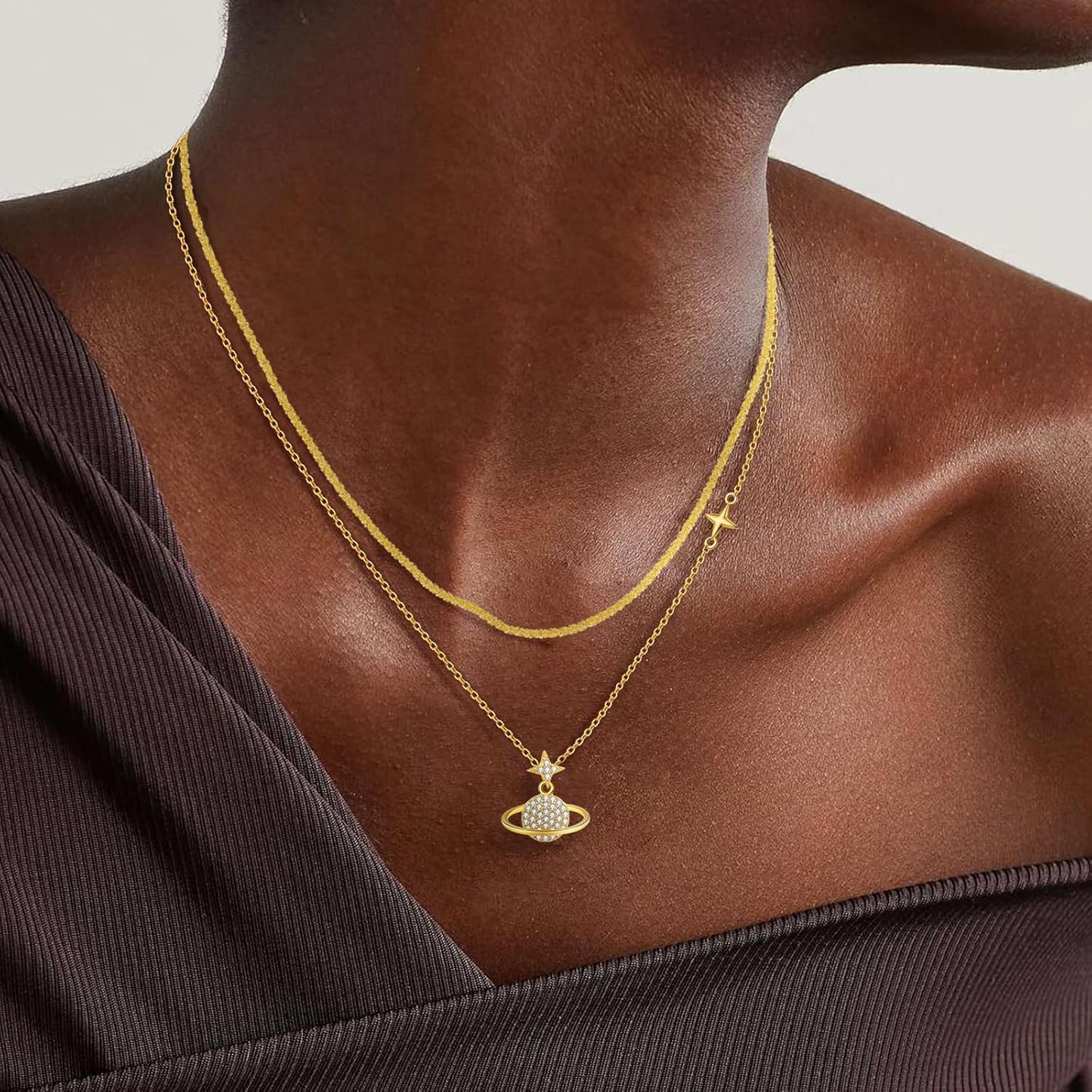 14K Gold & Platinum Plated Double Layer Pendant Necklace, Fashionable Layered Jewelry for Women