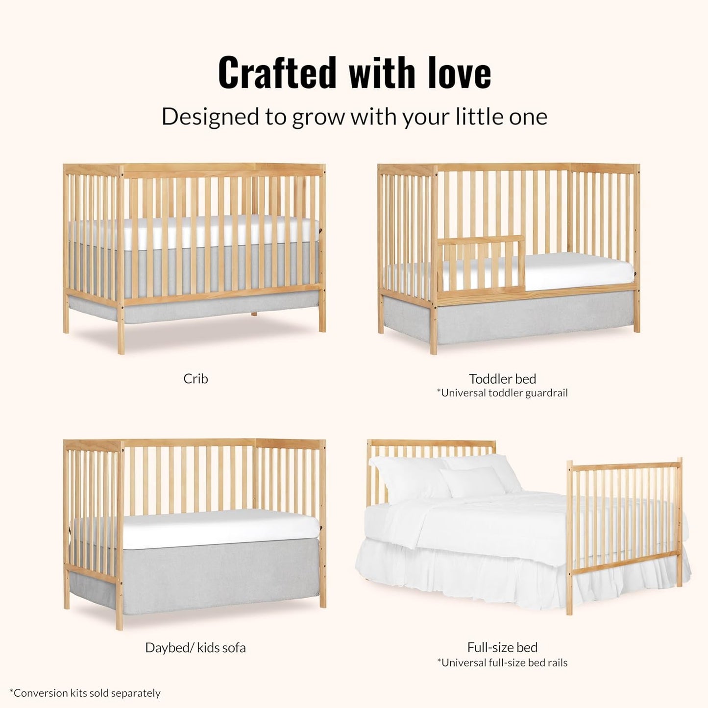 5-In-1 Convertible Crib In Natural, Greenguard Gold Certified, Fits Standard Full-Size Crib Mattress