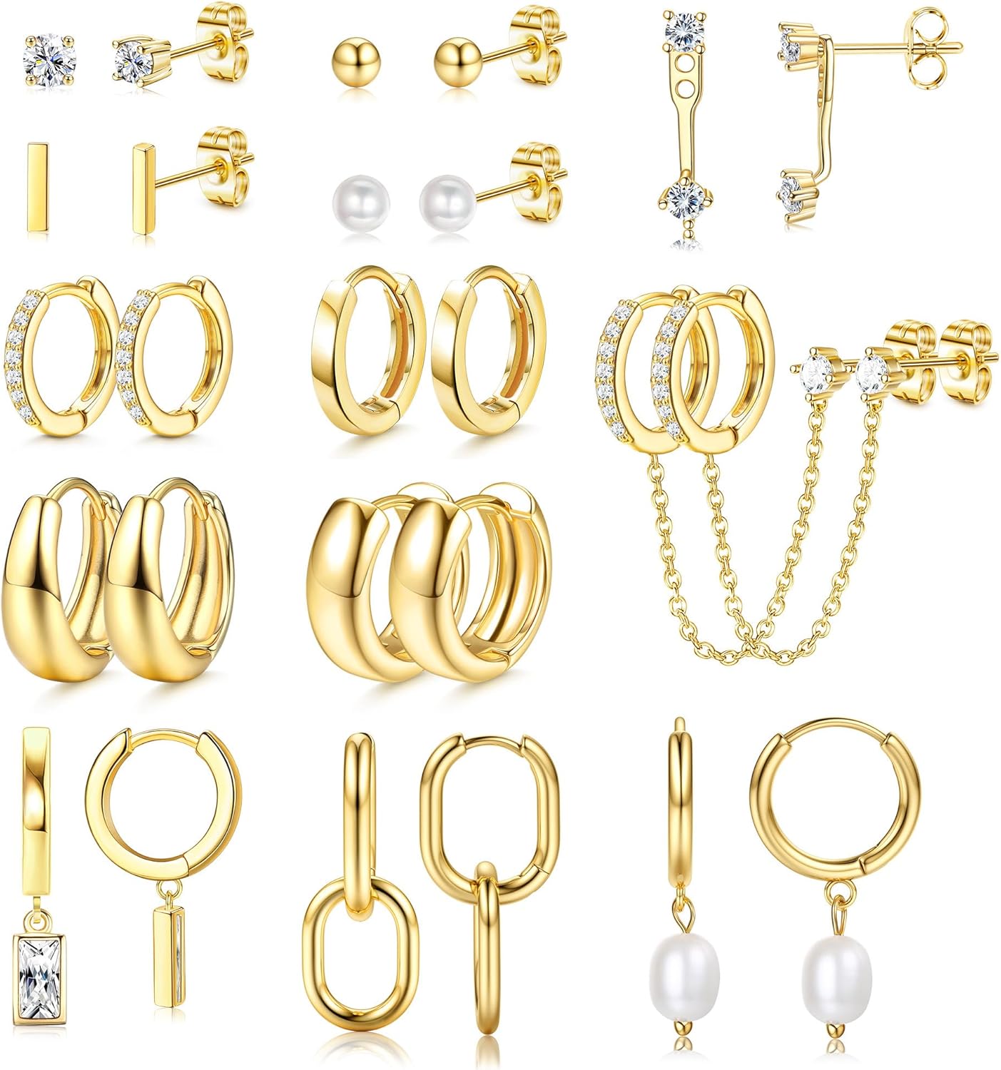 13 Pairs Small Gold Hoop Earrings Set for Women 14K Gold Plated Lightweight Huggie Hoops Pearl Dainty Stud Hoop