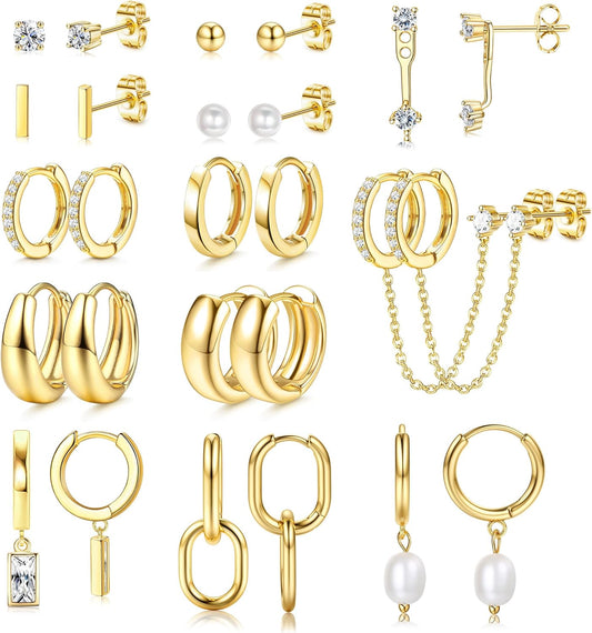 13 Pairs Small Gold Hoop Earrings Set for Women 14K Gold Plated Lightweight Huggie Hoops Pearl Dainty Stud Hoop