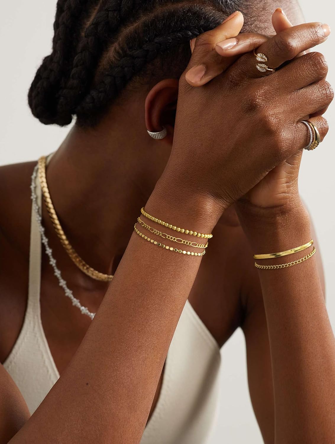 Gold Bracelets for Women Waterproof, 14K Real Gold Jewelry Sets Trendy Thin Dainty Stackable Cuban Link