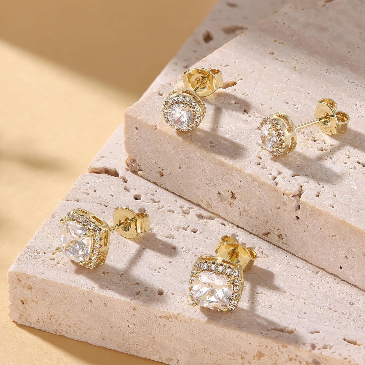 Hayoso 18K Gold Plated Halo Stud Earrings 925 Sterling Silver Cubic Zirconia Stud Earrings Round Square Diamonique Stud