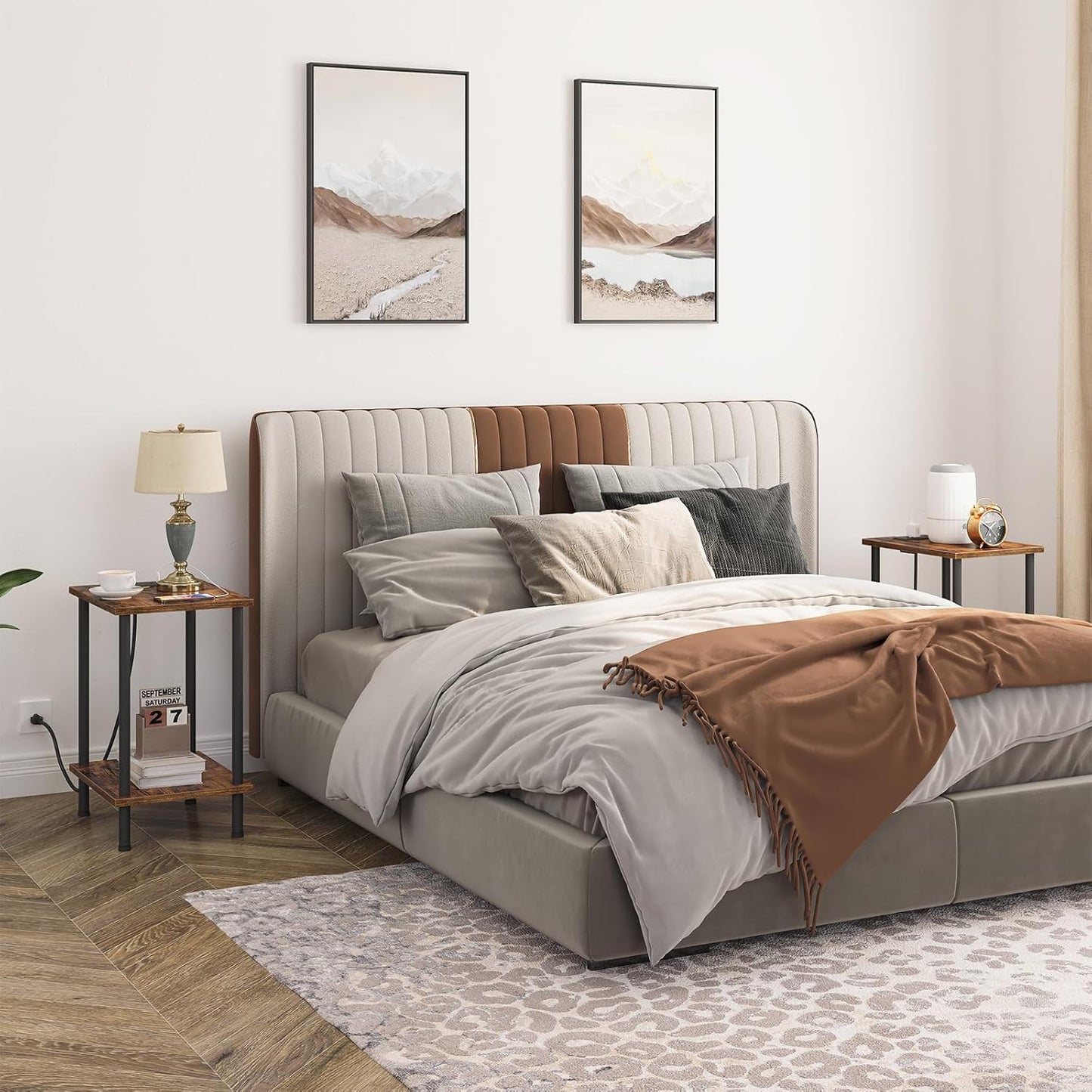 End Table with USB Port and Outlet, Nightstand with 2-Layer Storage Shelves