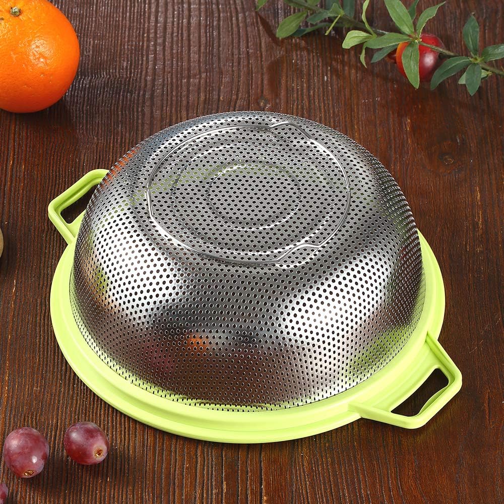 Stainless Steel Colander With Handle and Legs, Large Metal Green Strainer for Pasta