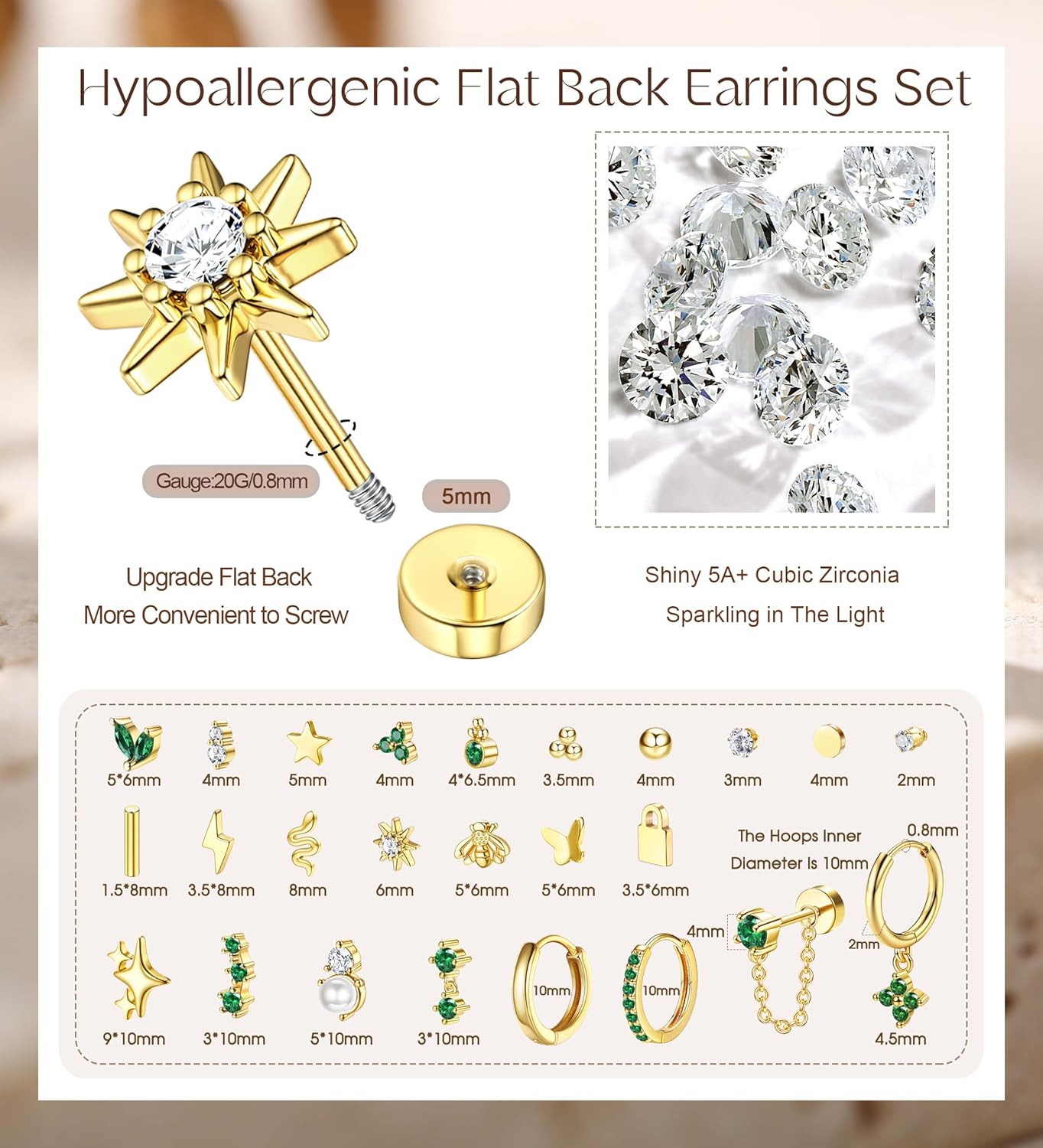 25 Pcs Hypoallergenic Earrings for Sensitive Ears Surgical Stainless Steel Earrings for Women Dainty Flat Back Earring Studs Hoop