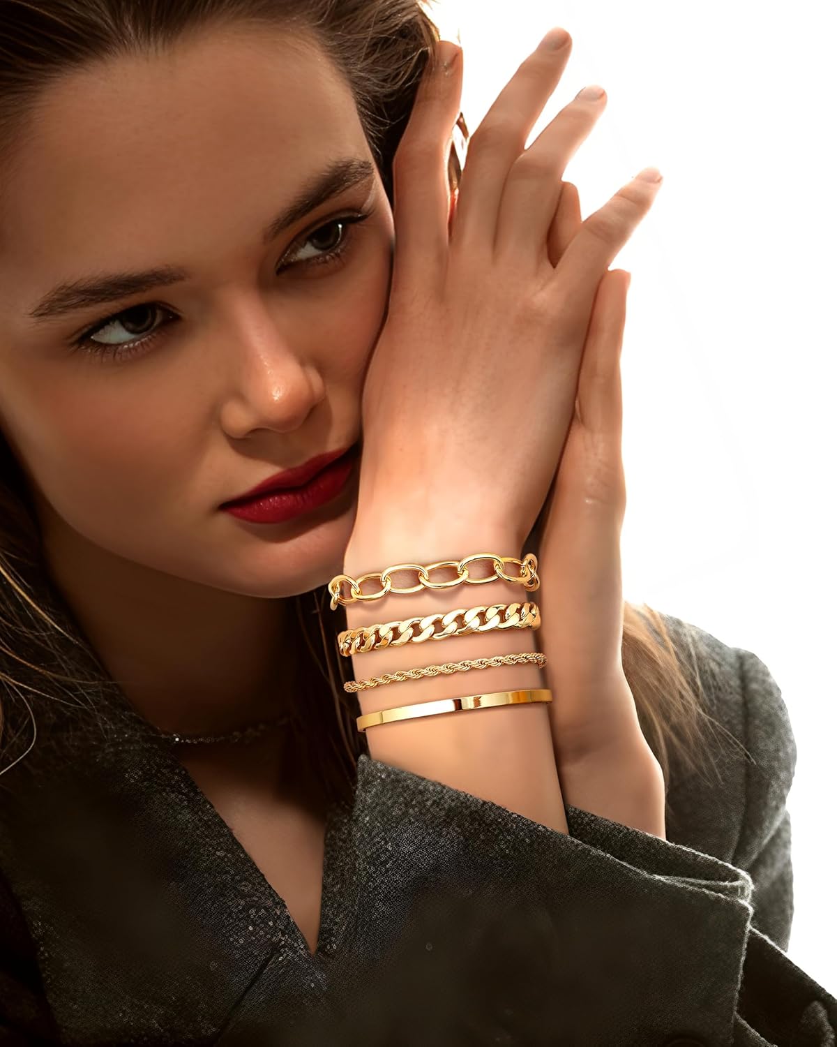 14k Chunky Gold Bracelets for Women Non Tarnish, Womens Gold Bracelet Stack Layered Chunky Chain Bracelets Waterproof Link
