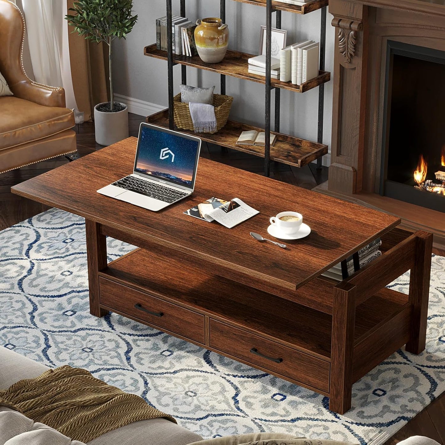 Living Lift Top Coffee Table with Drawers and Hidden Compartment, Retro Central Table with Wooden Lift Tabletop