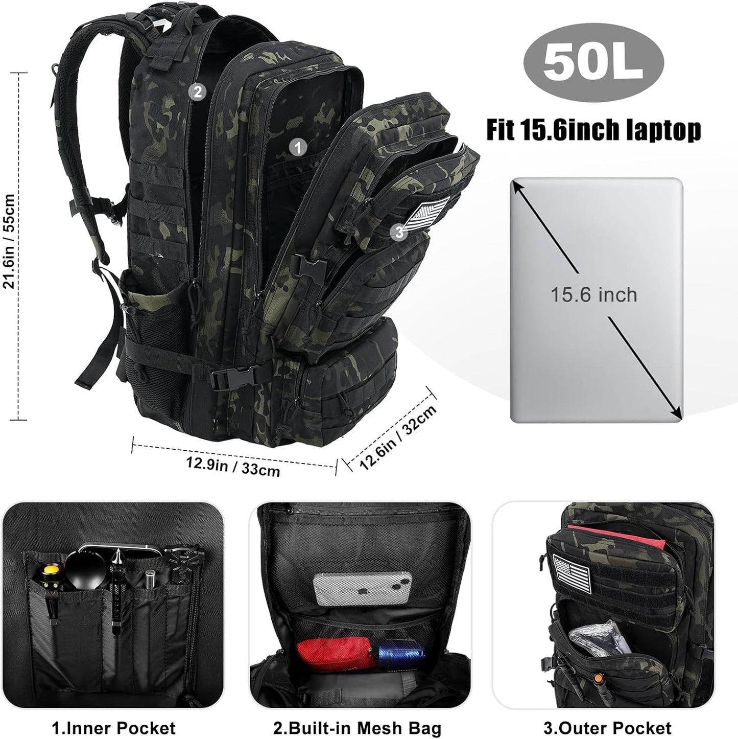 Military Tactical Backpack 50L  Molle Army Bug Out Bag Water Resistant and Heavy Duty Hiking
