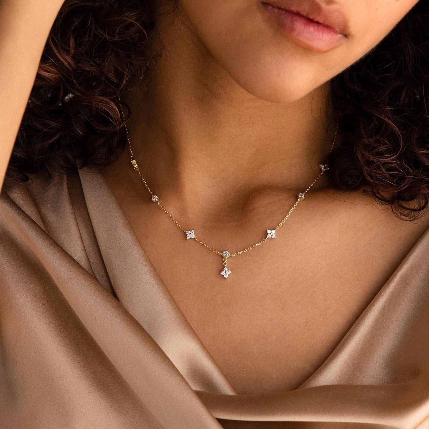 Women's Charm Cluster Choker Necklace - Clover, Heart, Pearl, Butterfly & Star Flower 14K Gold Plated, Cubic Zirconia, Adjustable Trendy Gift