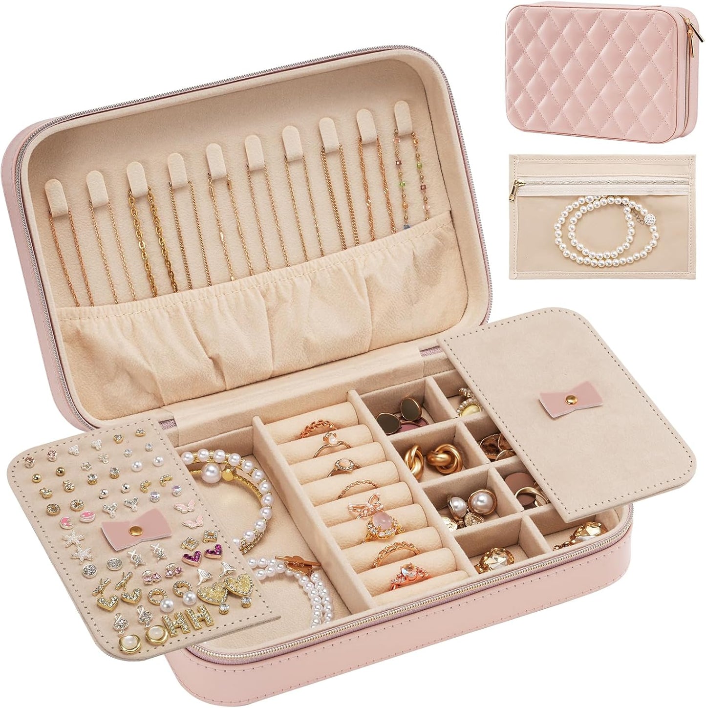 Travel Jewelry Organizer Box with Mirror & Clear Storage Bag, Small Portable Traveling Earring Necklace Bracelet Ring Case