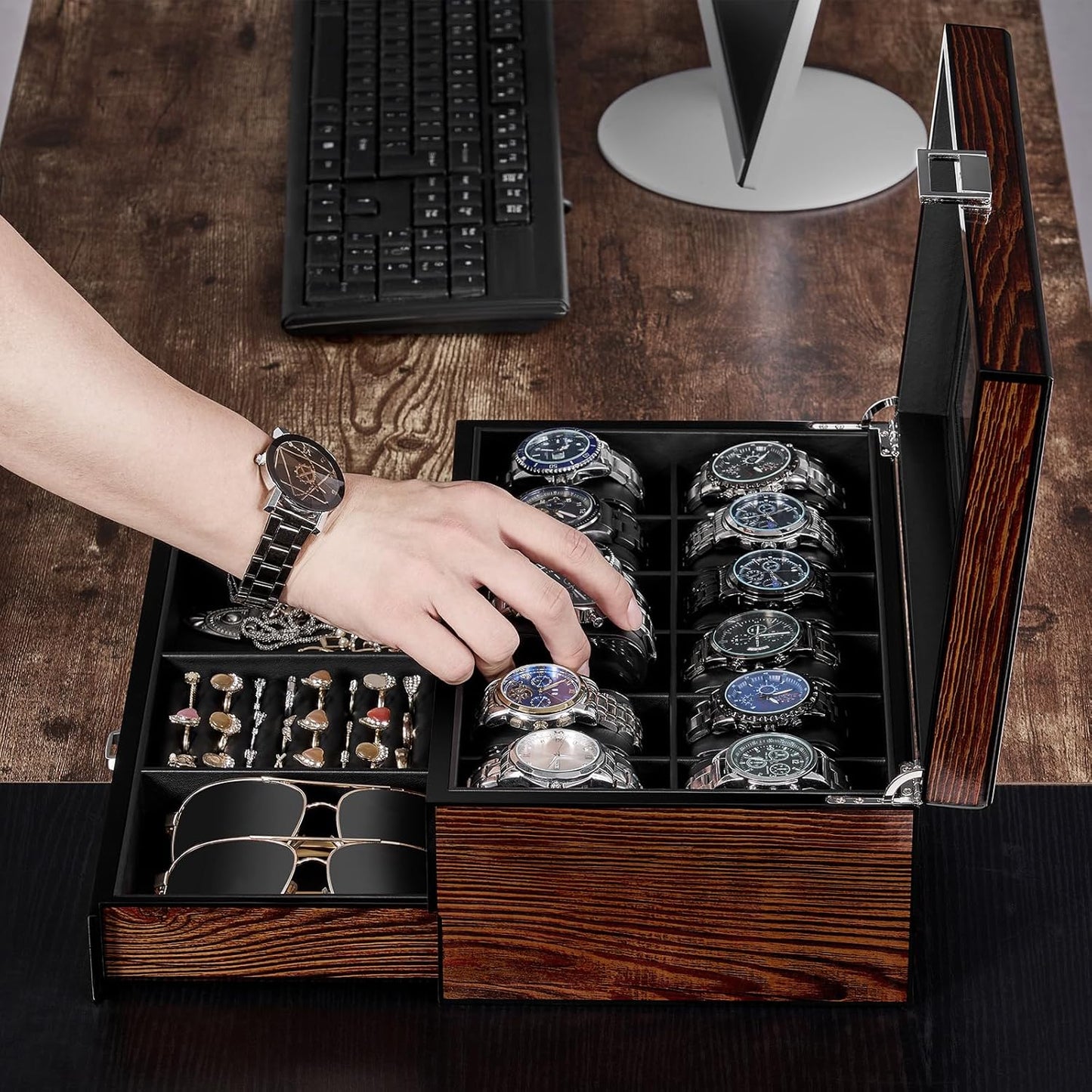 12 Slot Wooden Watch Box with Large Glass Lid, 2-Layer Watch Display Case with Drawer Watch Storage
