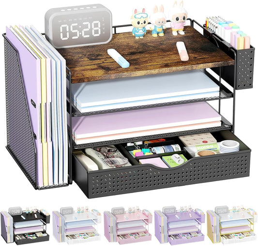 OMOMMD Wood Desk Organizers and Accessories with File Holder, 4-Tier Desk Accessories & Workspace Organizers with Drawer and Pen Holder, Paper Organizer for Office Supplies (Wood)