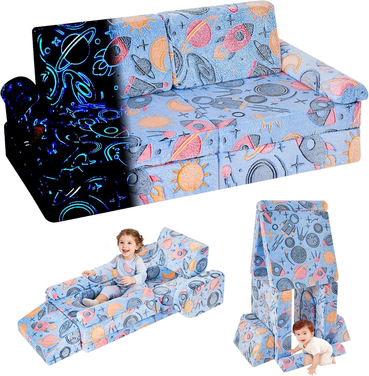 Modular Kids Sectional,Bedroom and Playroom Furniture,Convertible Foam and Floor Cushion ,Glow in The Dark