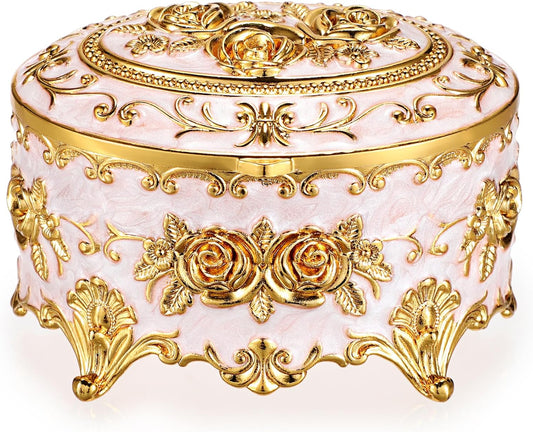 Oval Trinket Organizer Ring Box Case with Rose Pattern Jewelry Storage Box for Ring Earrings Necklace