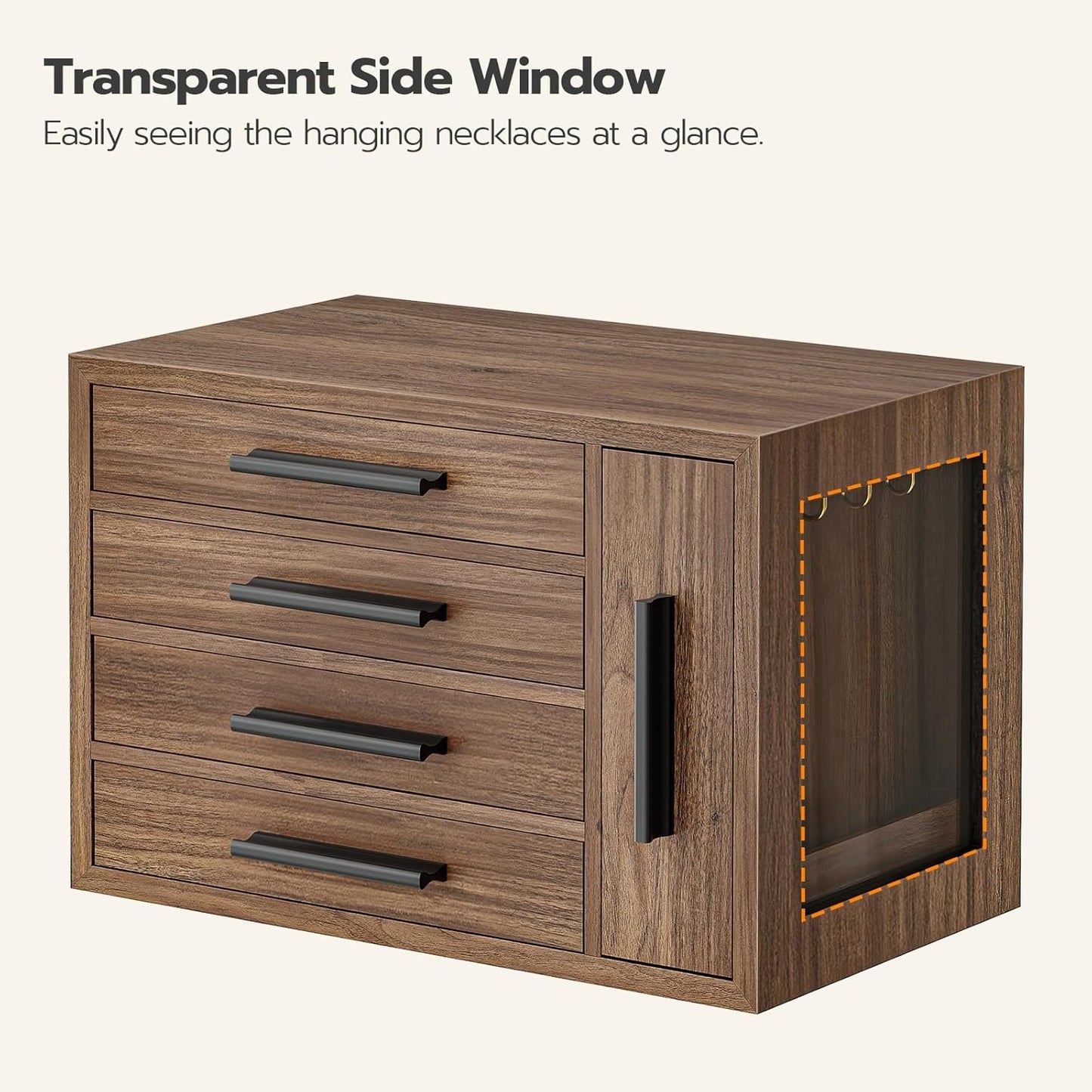 4-Layer Jewelry Organizer Box, Wooden Jewelry Organizer with Transparent Window